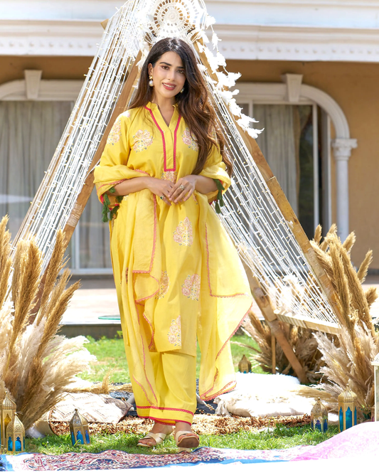 Trishika Yellow Printed Cotton Suit Set My Store