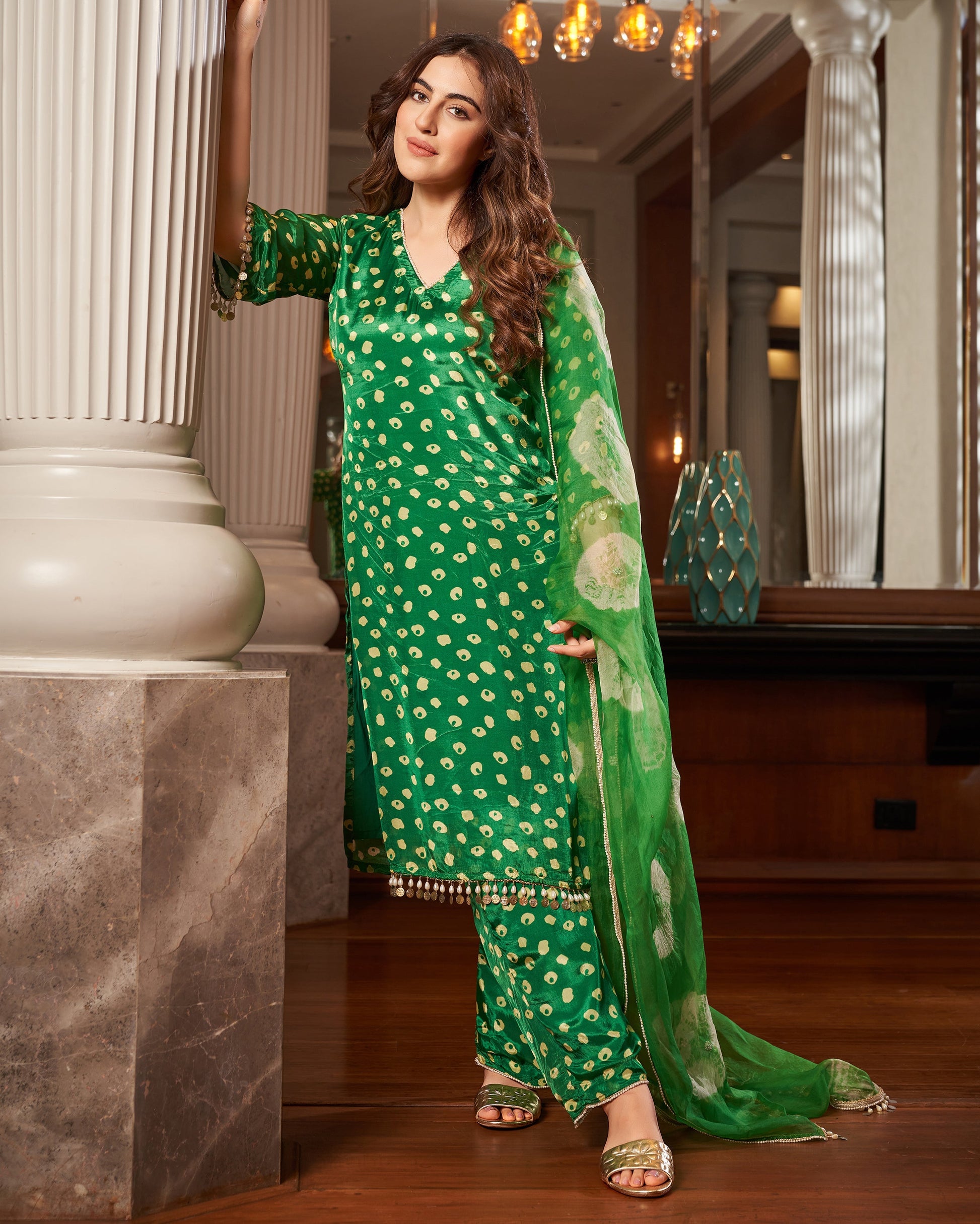 Raksika Green Bandhani Silk Suit Set Quick Cart