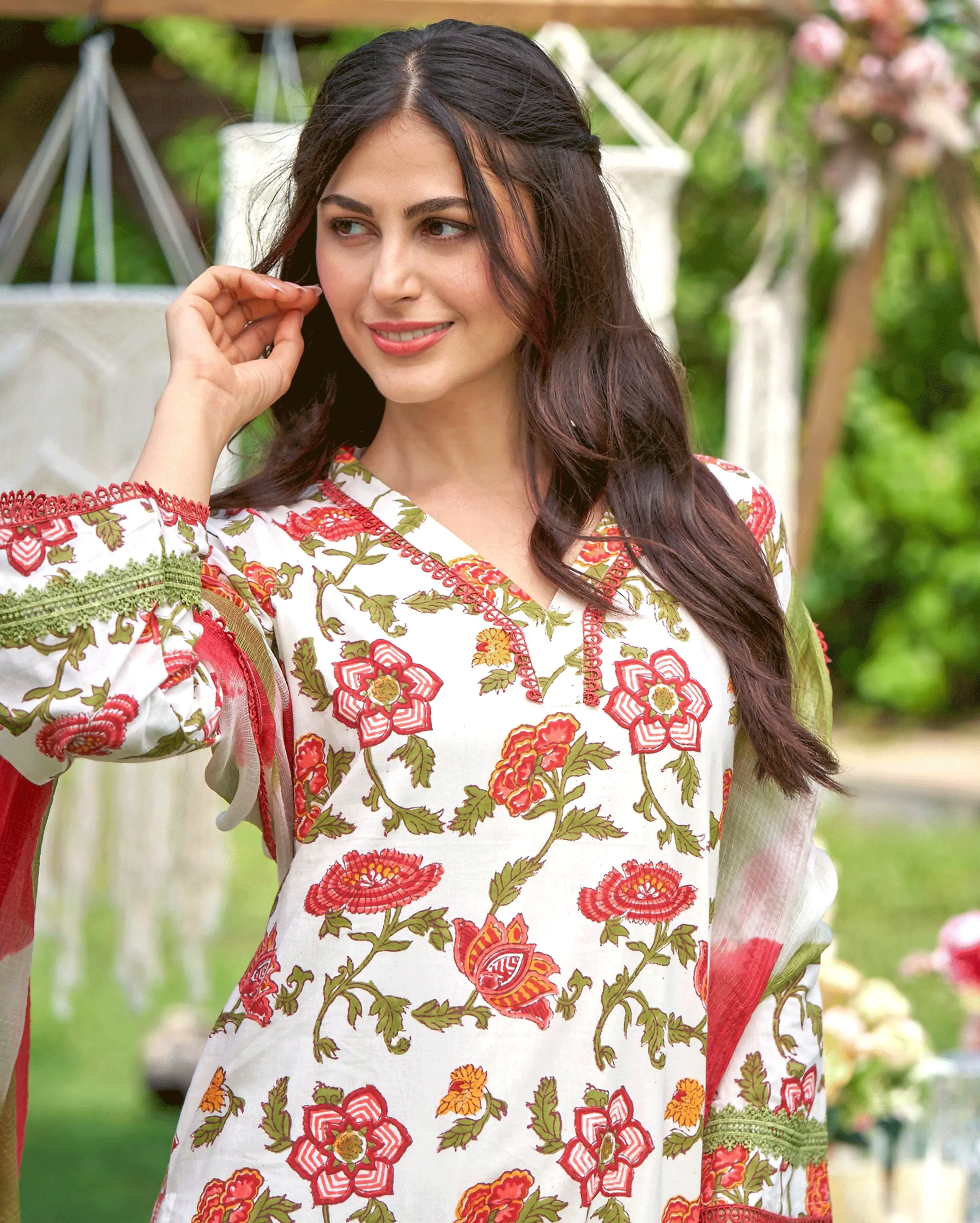 Sunrise Bloom Red Printed Cotton Suit Set My Store