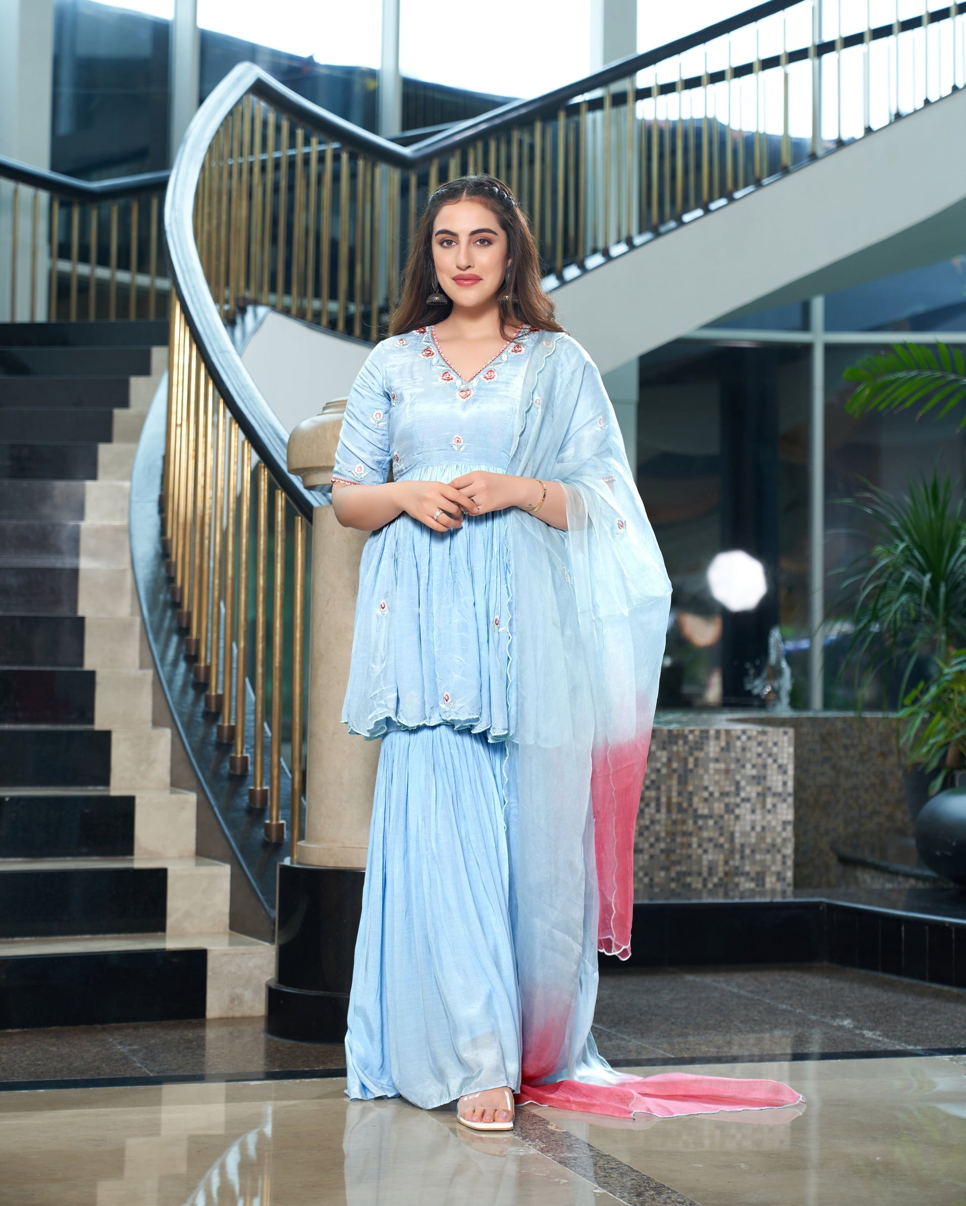 Kaari Pastel Blue Embroidered Muslin Silk Sharara Set Quick Cart