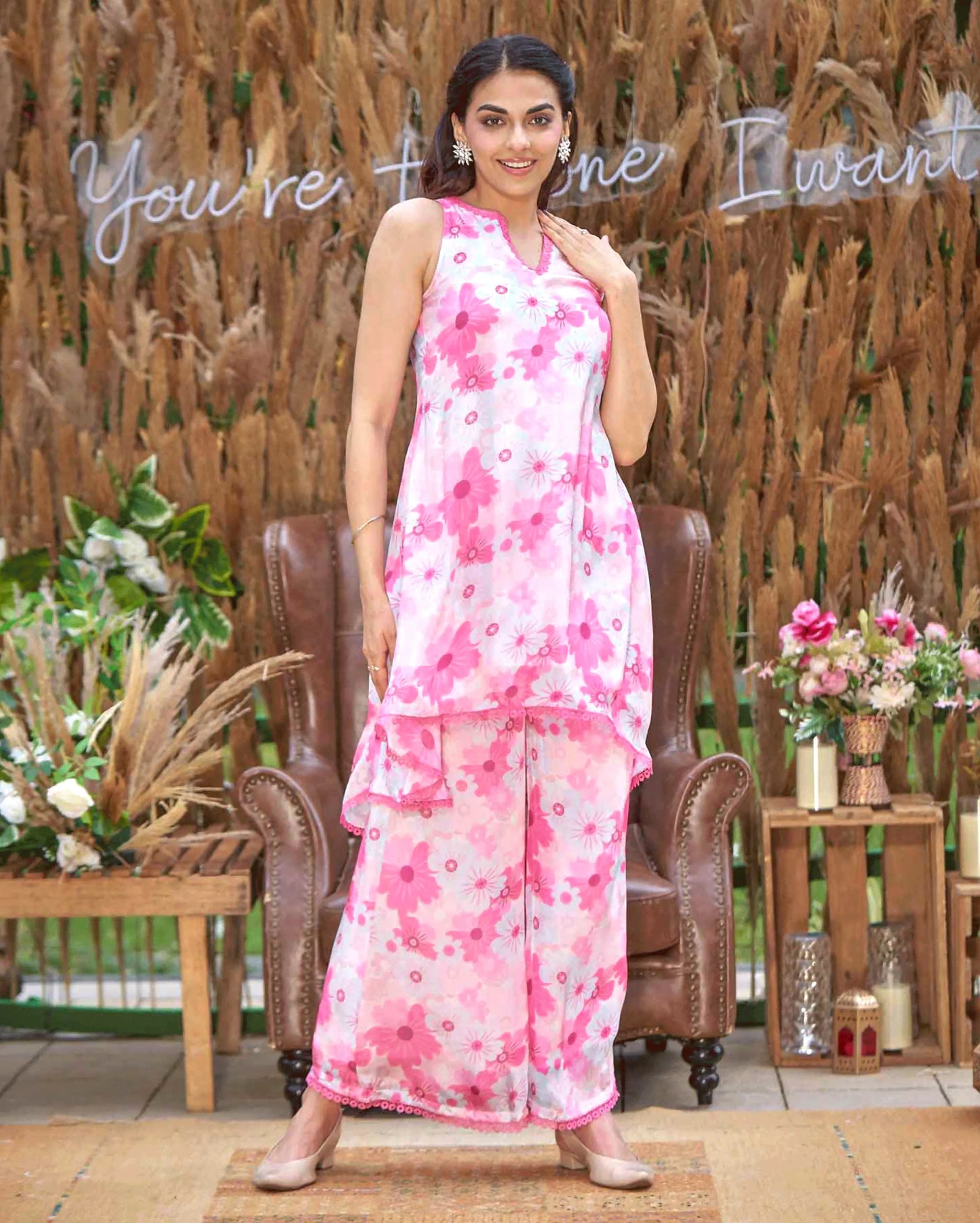 Blossam Pink Printed Silk Coord Set My Store