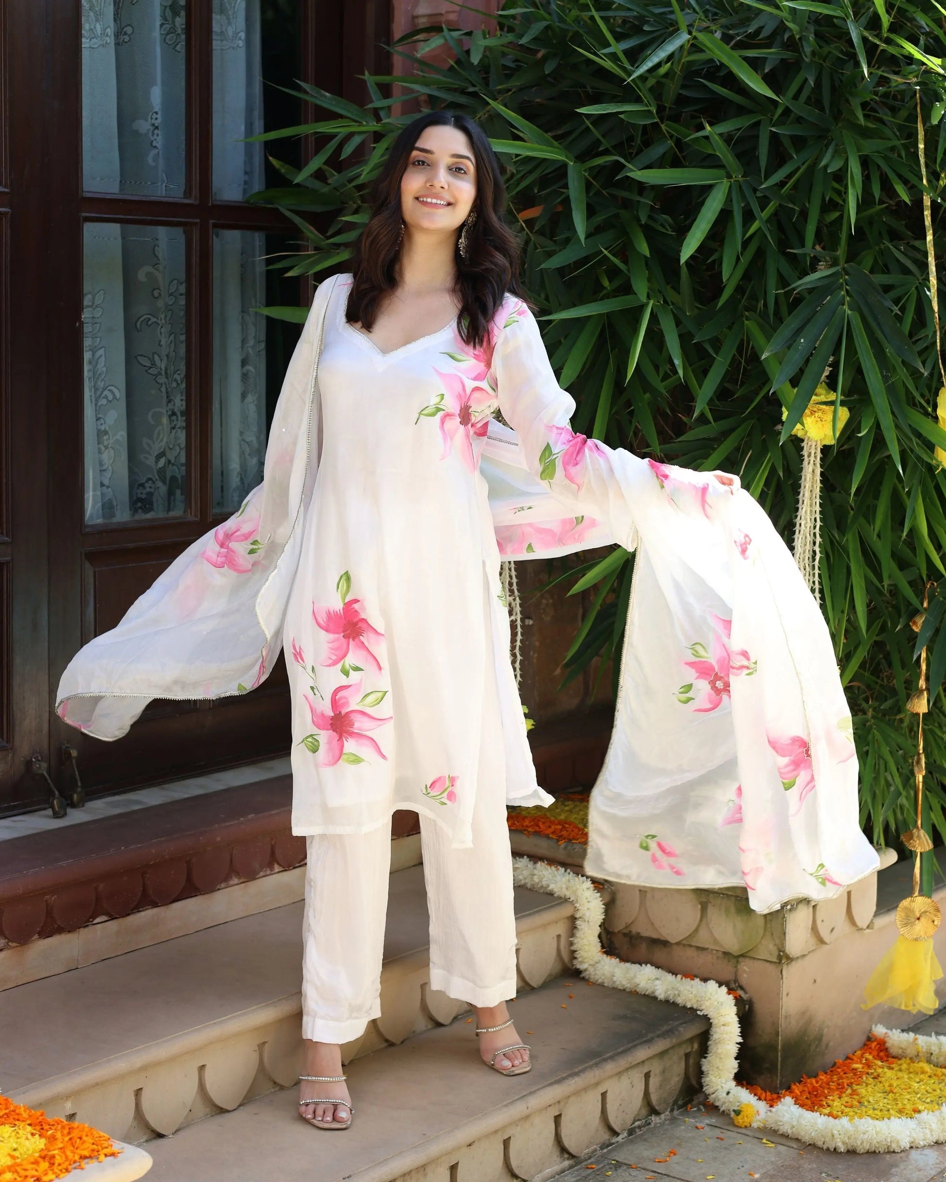 Vanilla Mist Handpainted Silk Suit Set My Store