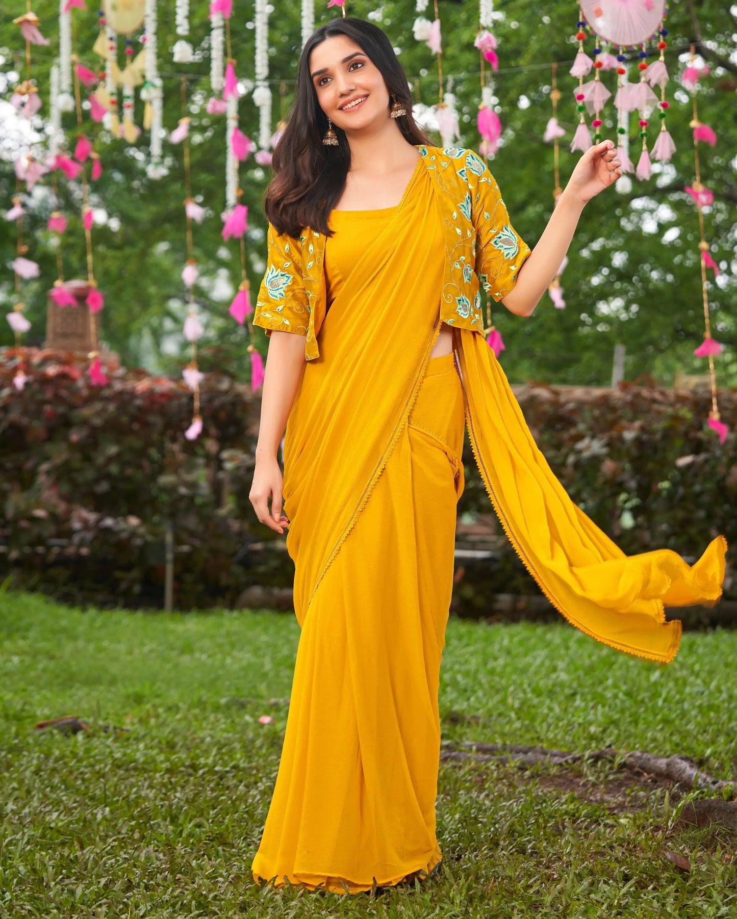Uday Mustard Yellow Embroidered Chinon Pre Draped Saree My Store