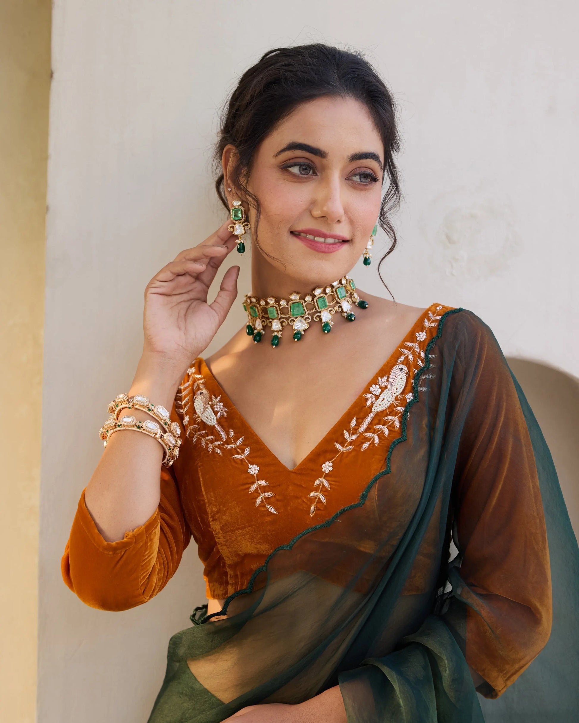 Sparrow Mustard Velvet Embroidered Blouse My Store