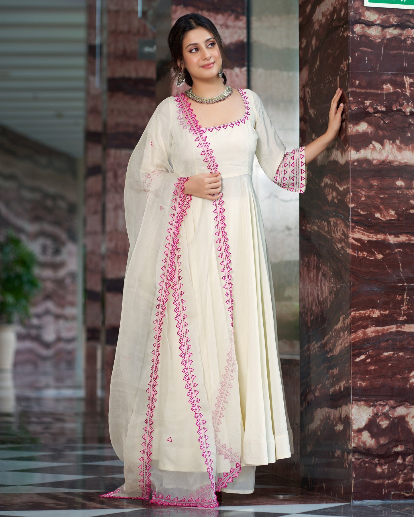 Rajsi Pink Cream Embroidered Muslin Silk Suit Set Quick Cart