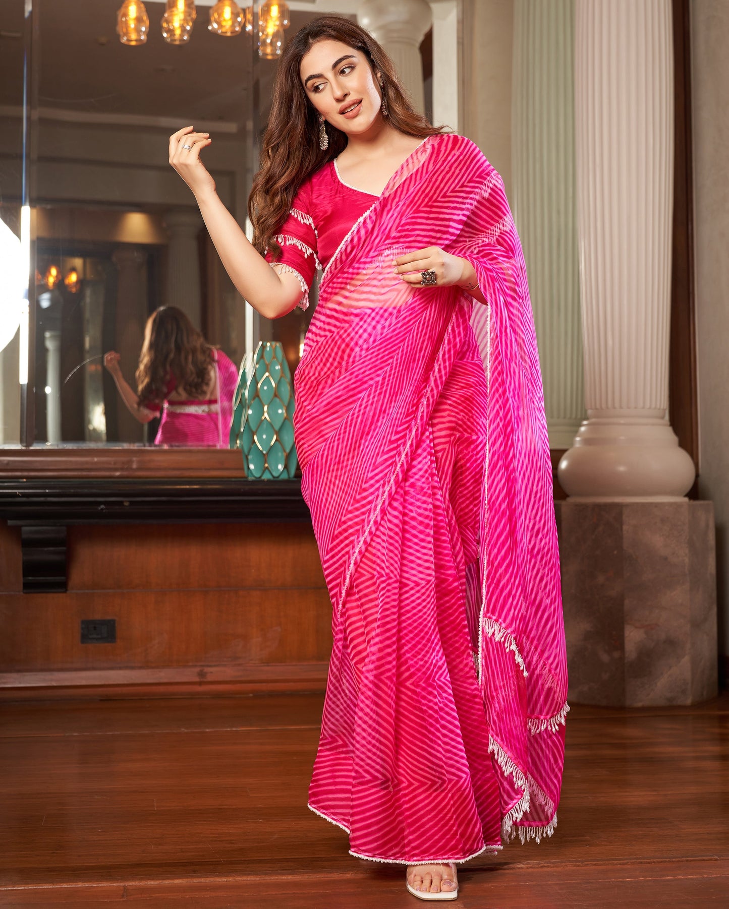 Sangam Pink Leheriya Organza Pre Draped Saree Quick Cart
