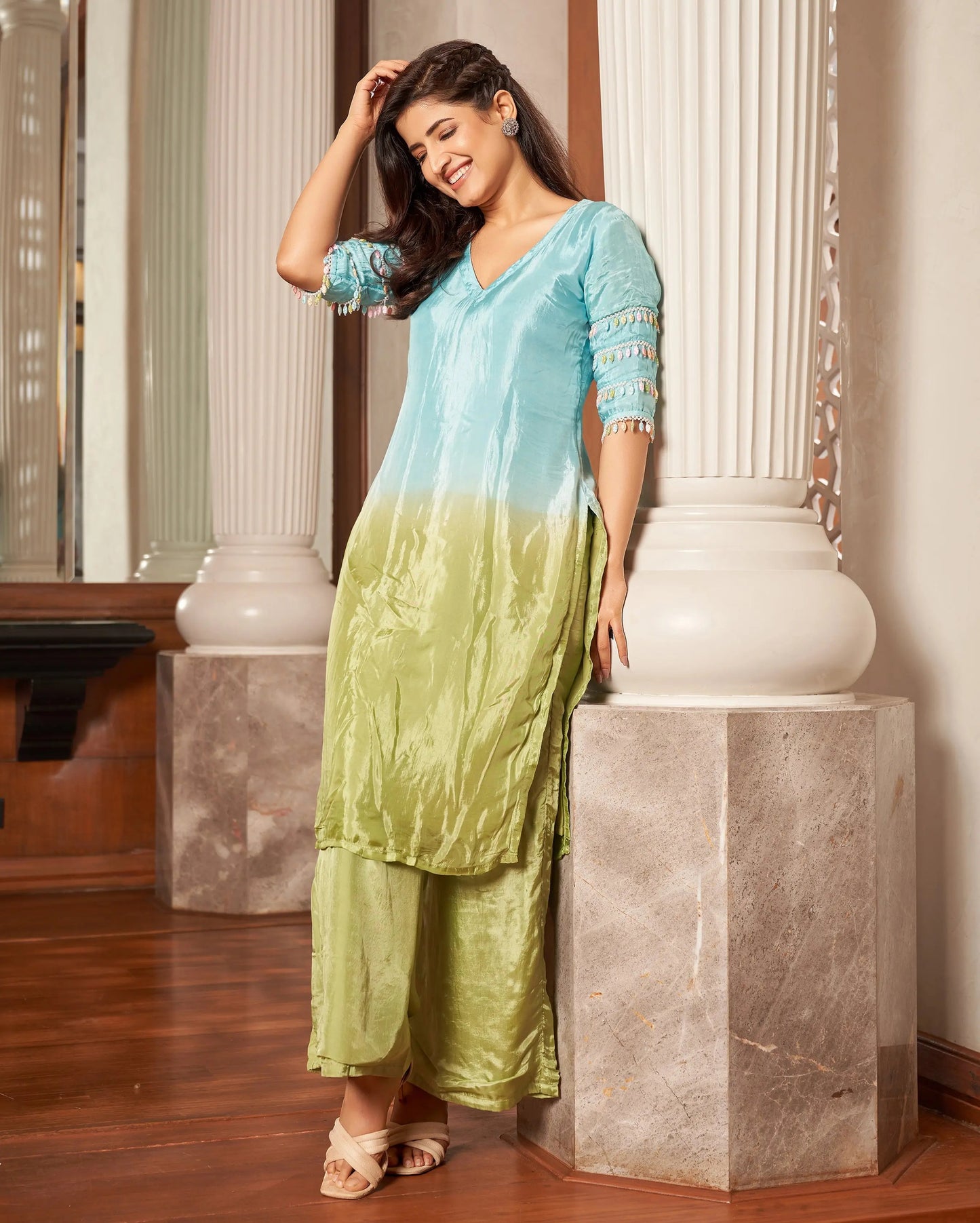Matsya Blue Green Ombre Silk Kurta Set My Store
