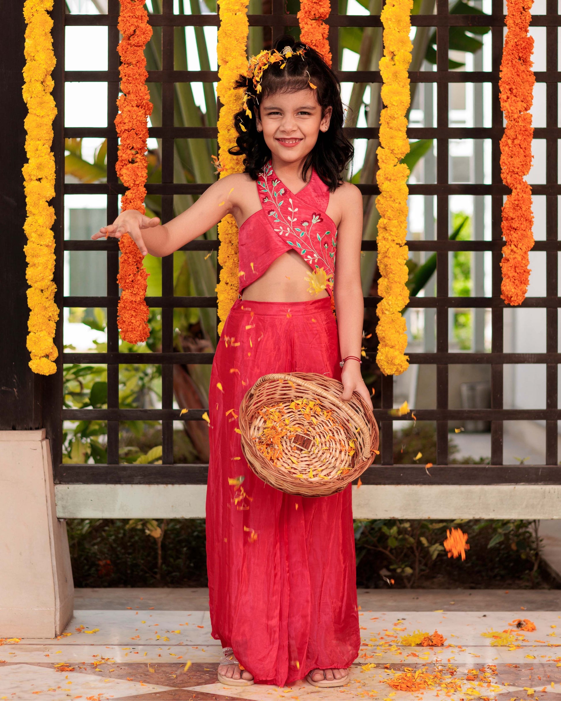 Blushing Bloom Red Silk Drape Skirt Coord Set My Store