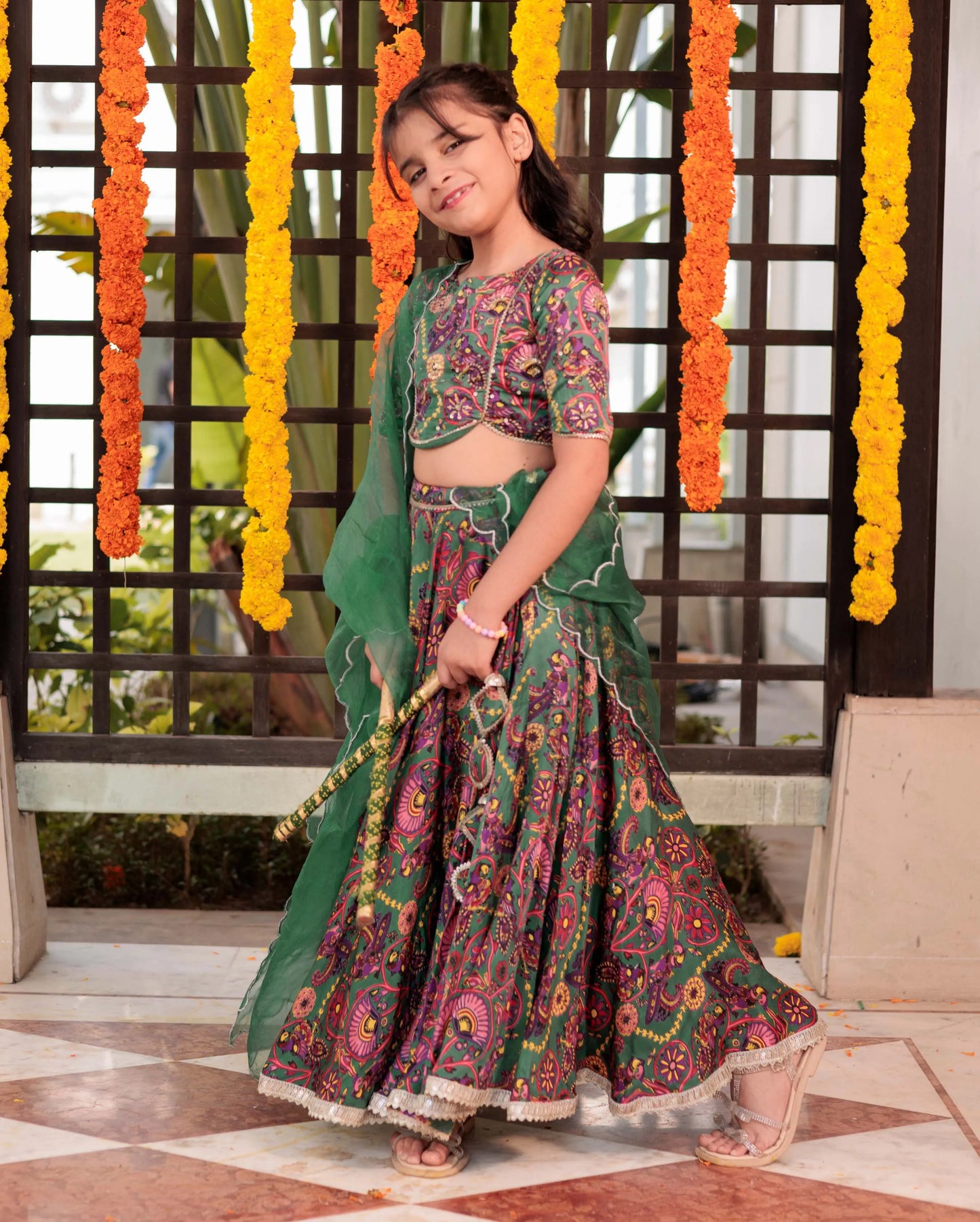 Starry Sprinkle Green Satin Lehenga Set My Store