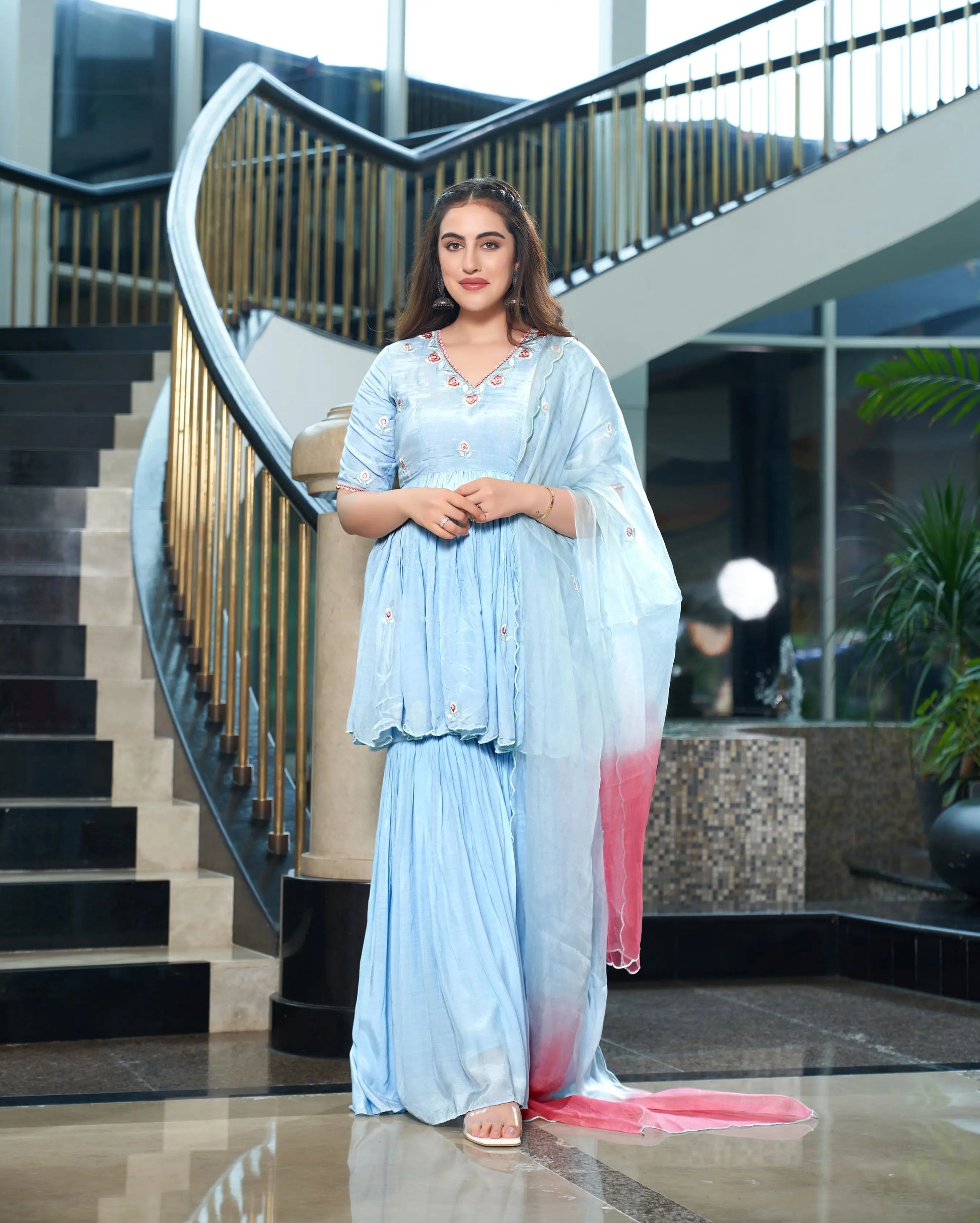 Kaari Pastel Blue Embroidered Muslin Silk Sharara Set My Store