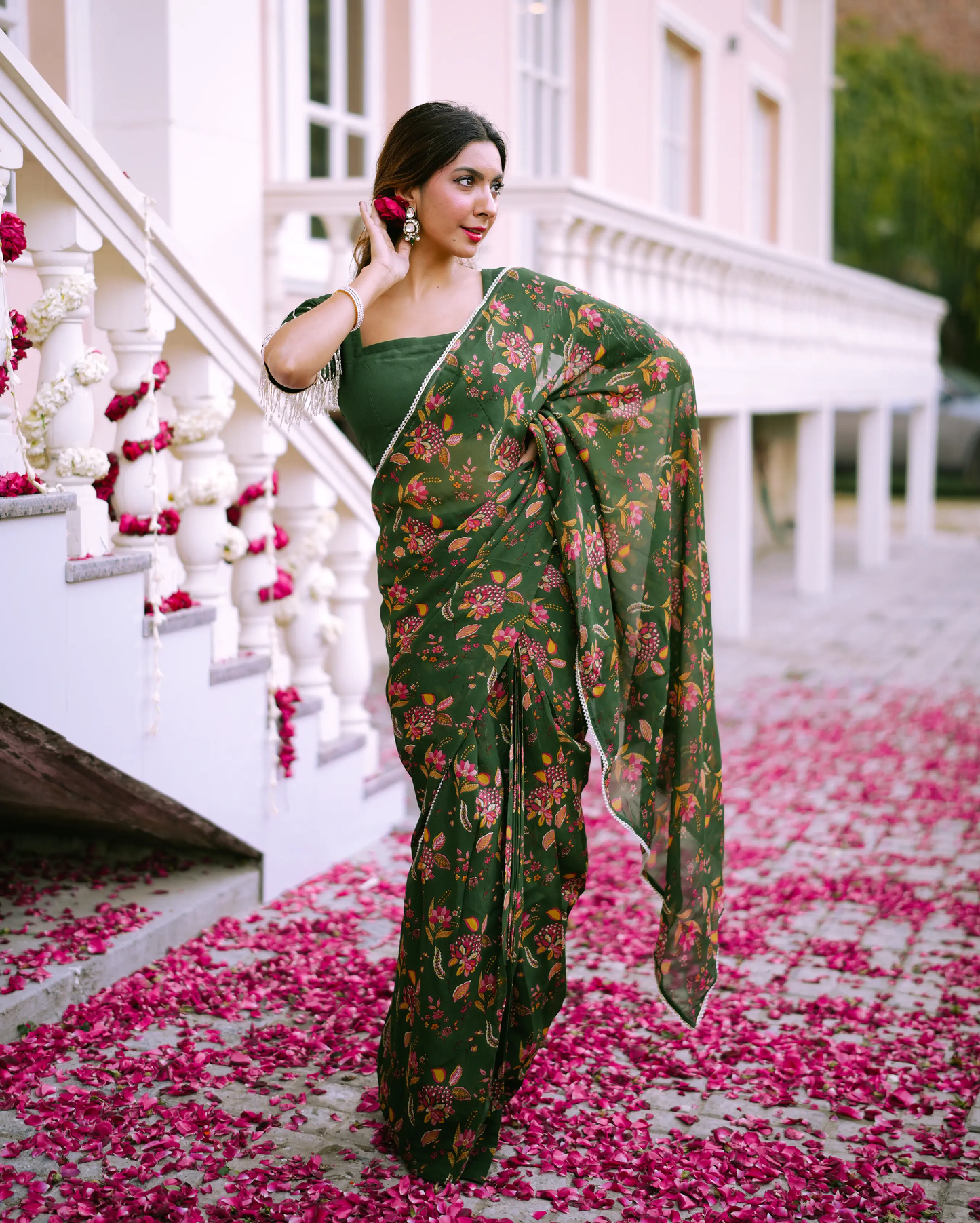 Kusum Green Printed Georgette Pre-draped Saree My Store