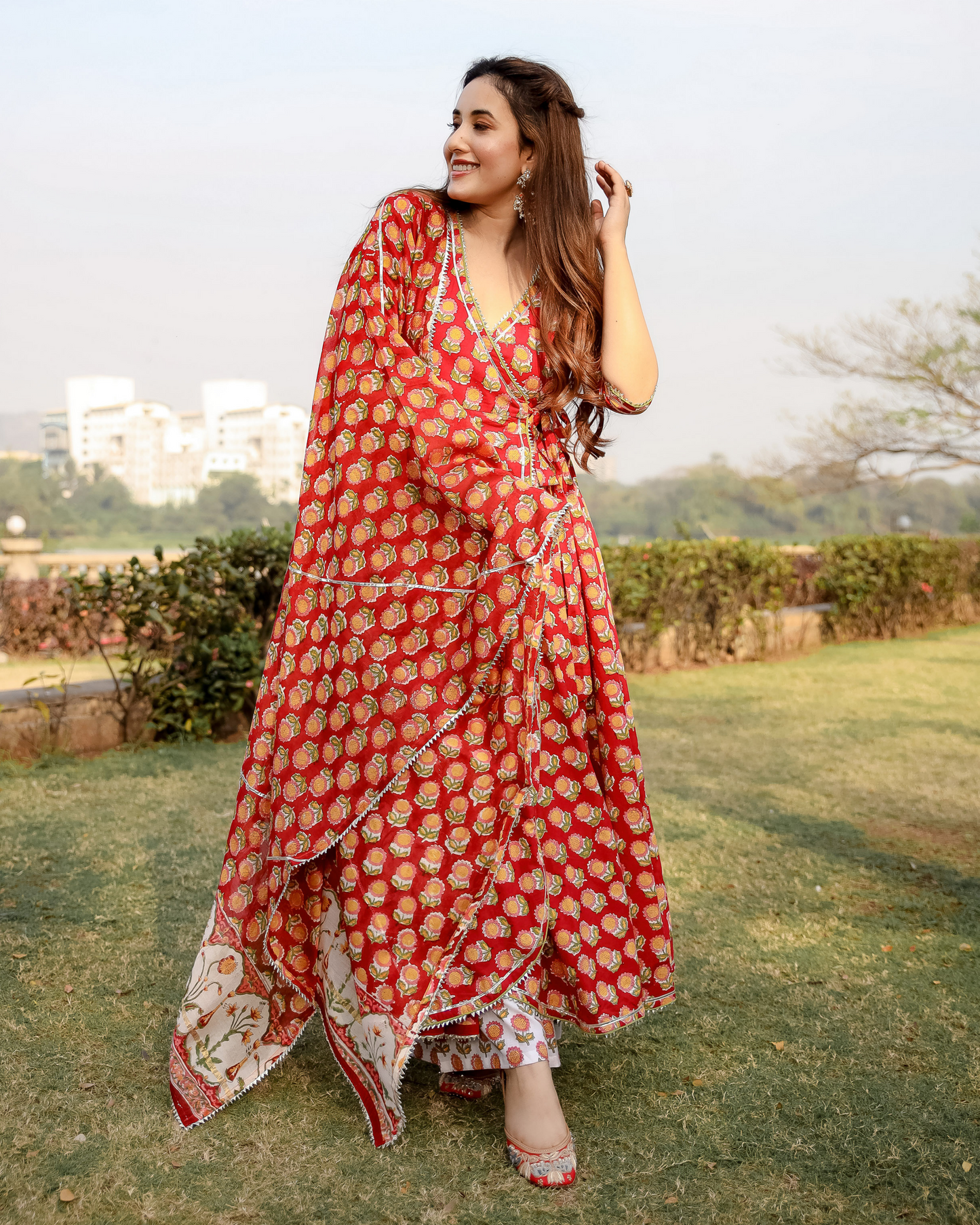 Red Rosewood Handblock Suit Set My Store