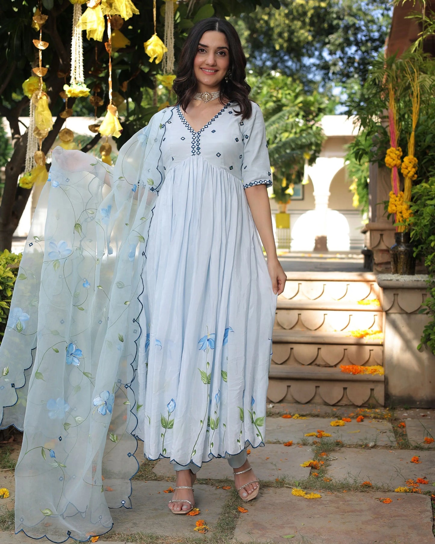 Blue Blossom Handpainted Cotton Silk Suit Set My Store