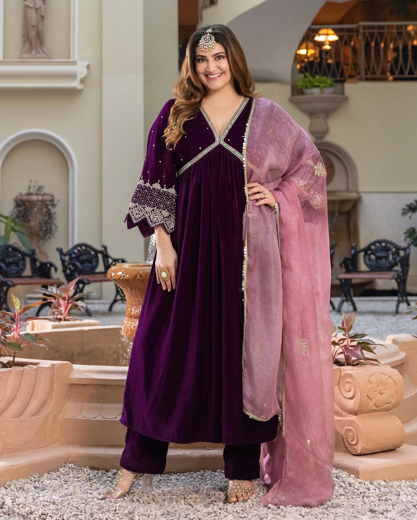 Jamni Purple Embroidered Velvet Suit Set My Store