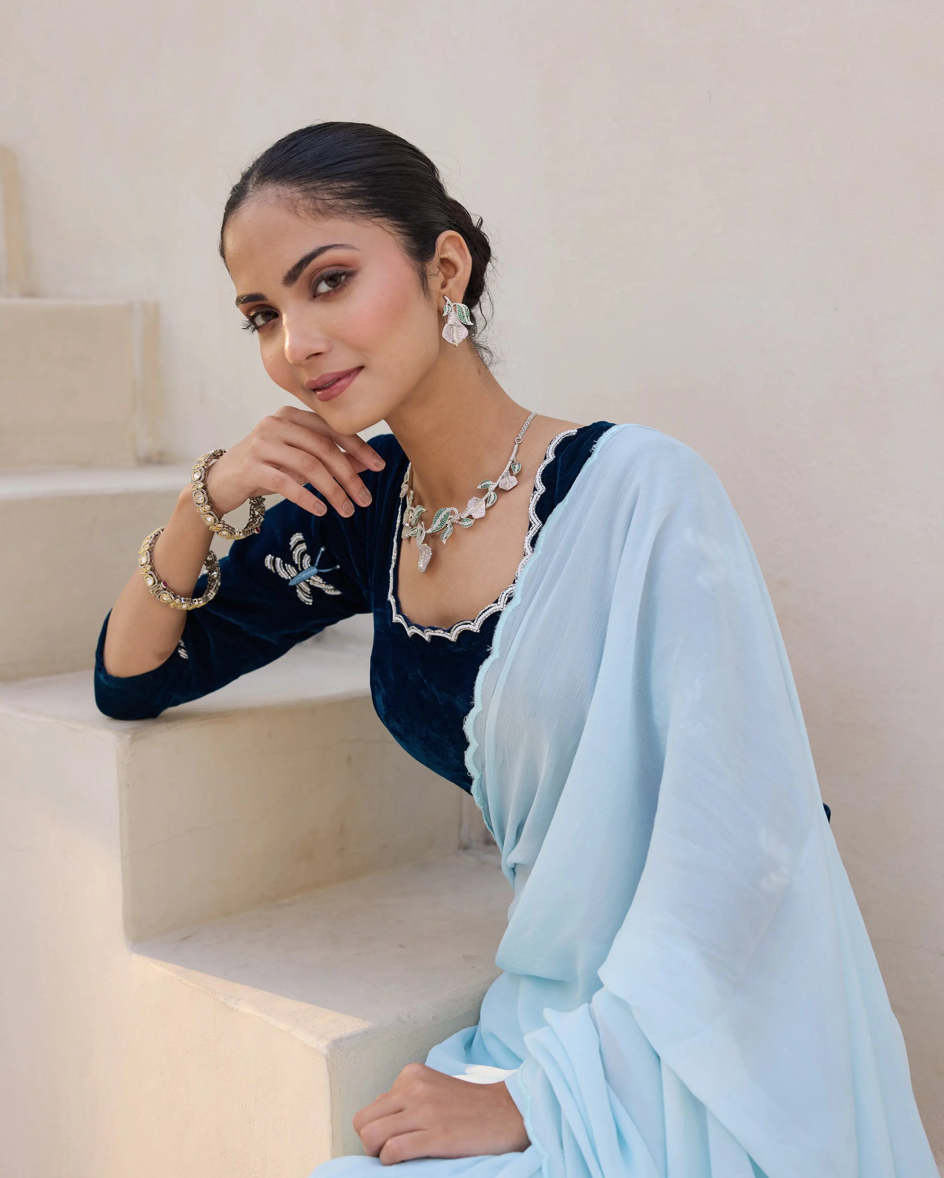 Butterfly Luxe Blue Velvet Embroidered Blouse My Store