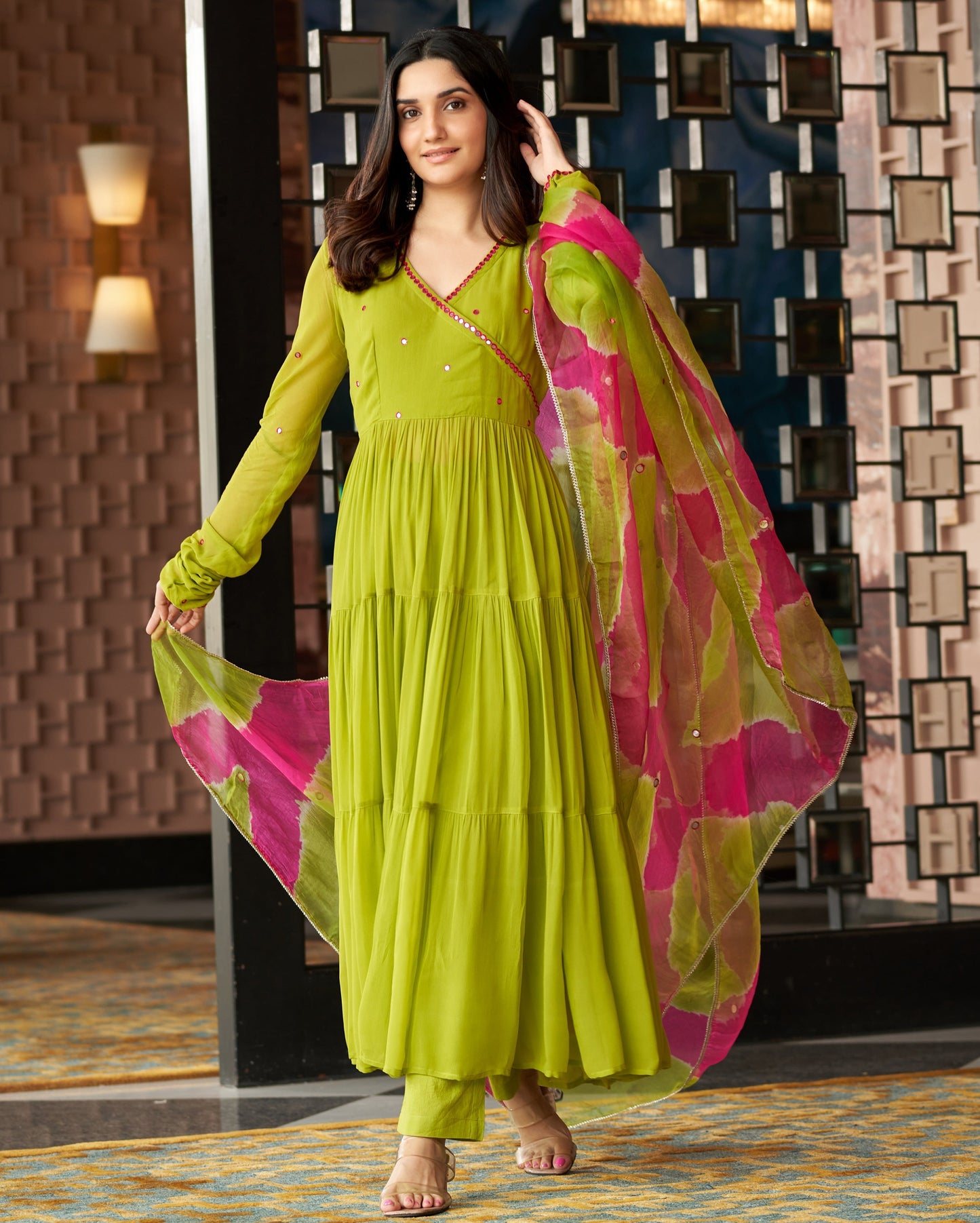 Leela Neon Green Embroidered Georgette Suit Set Quick Cart