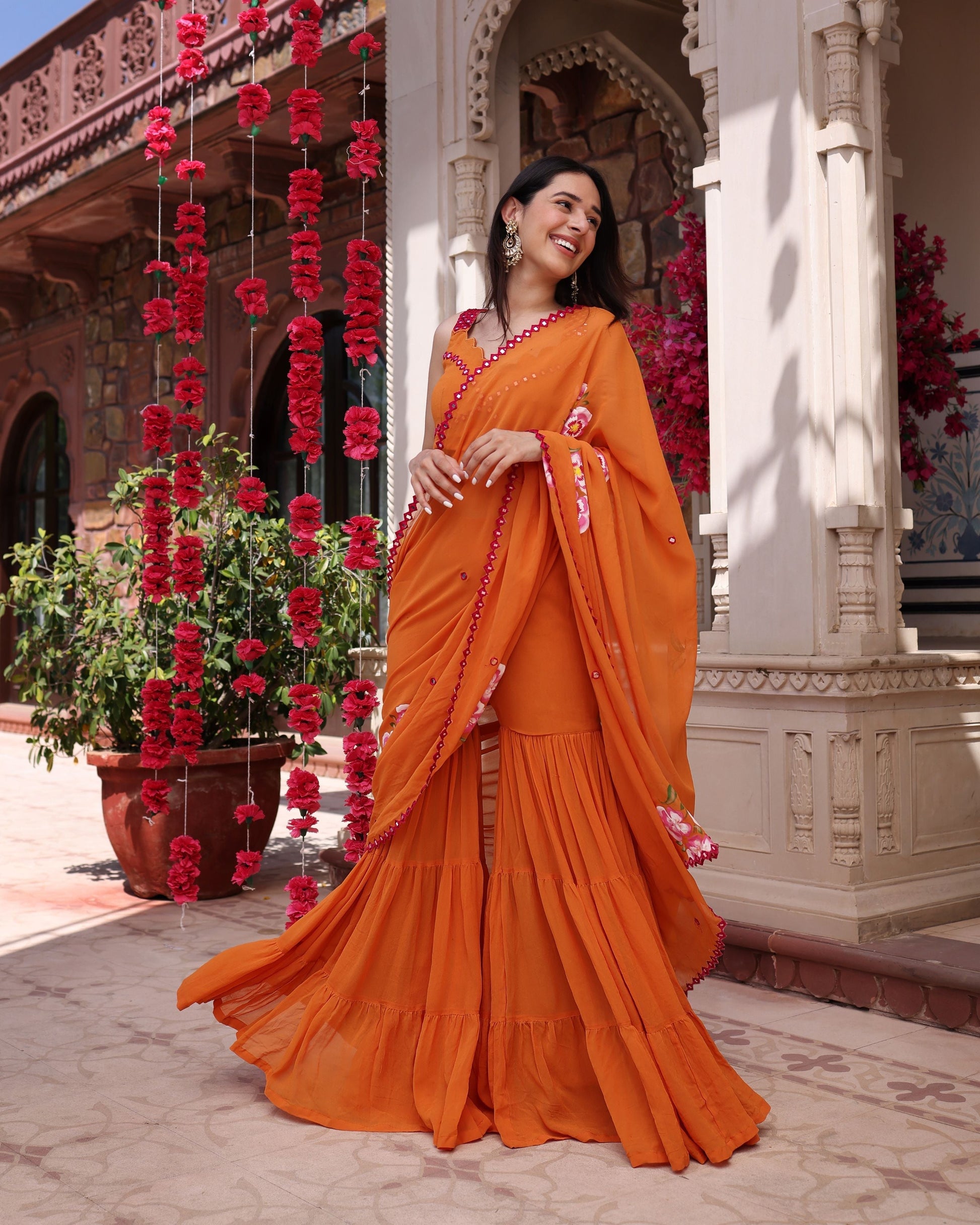 Coral Crush Orange Mirror Work Handpainted Georgette Pre Draped Saree Quick Cart