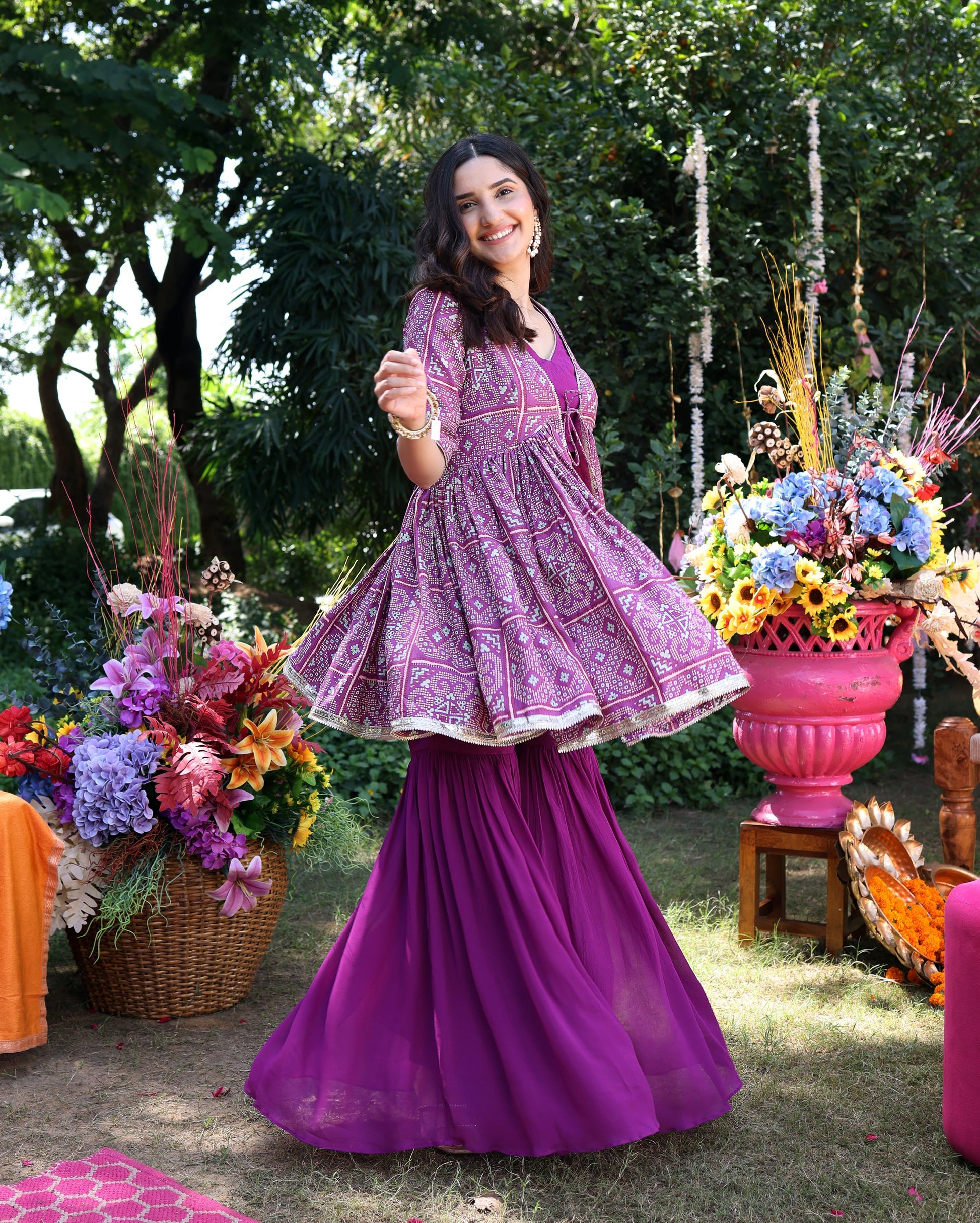 Geometric Purple Elegance Printed Satin Sharara Set Quick Cart