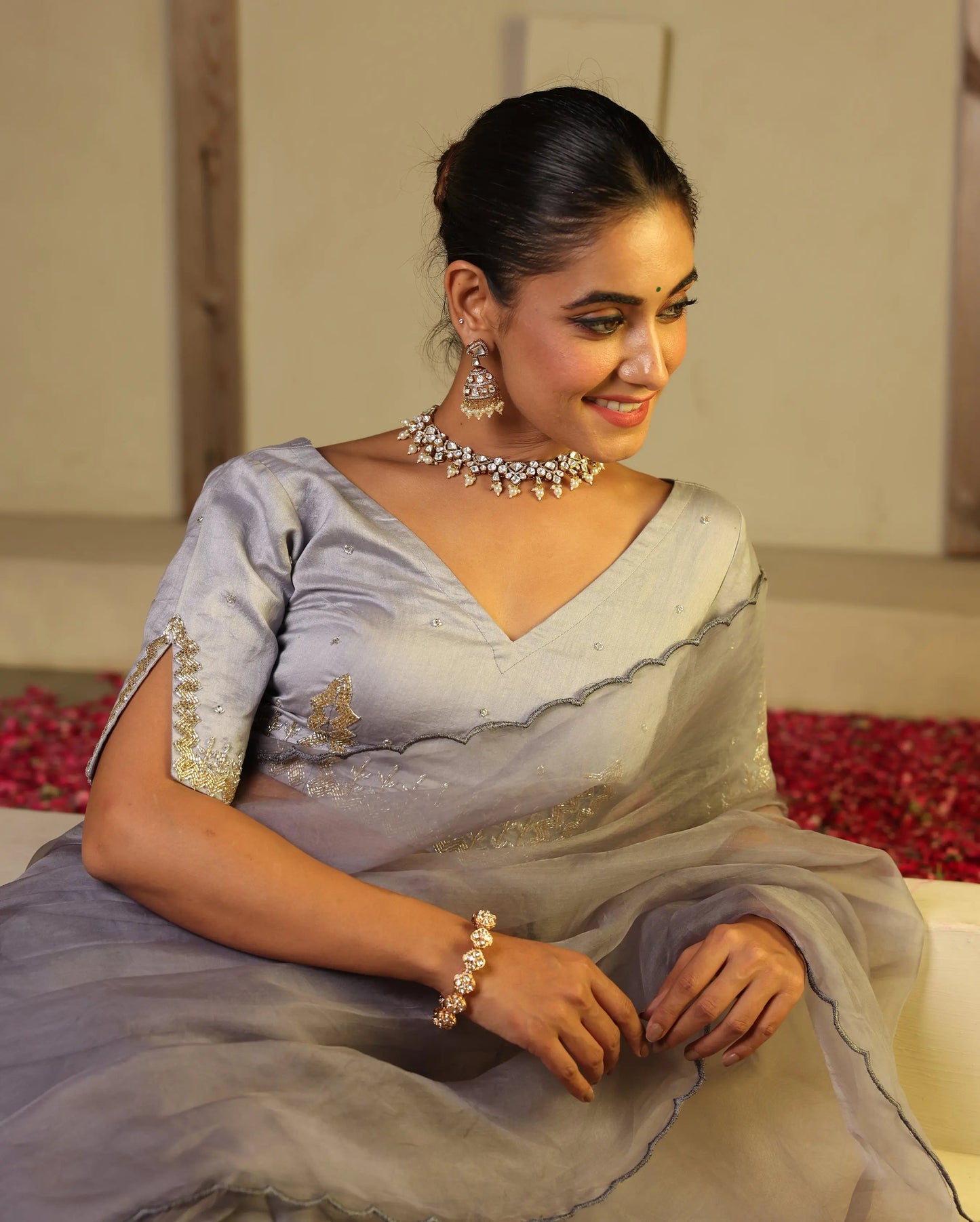 Chhavi Grey Chanderi Embroidered Blouse My Store