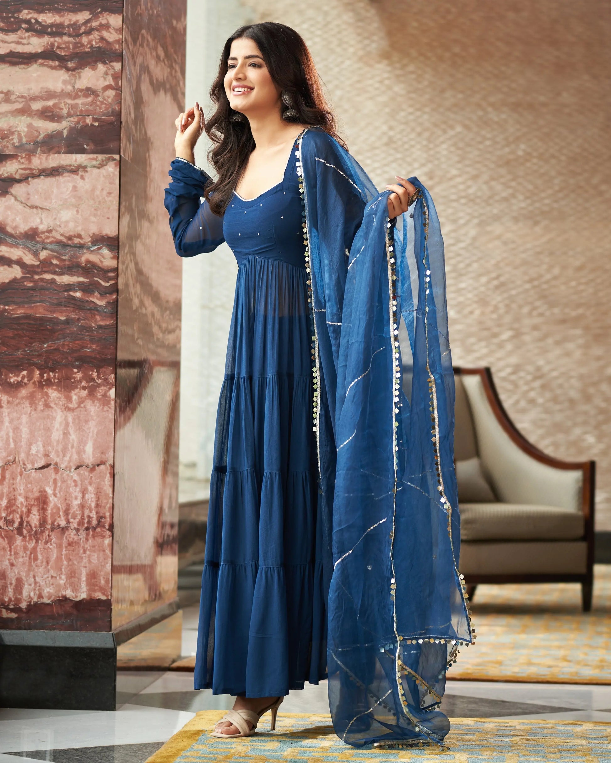 Aradhna Blue Embroidered Georgette Suit Set My Store