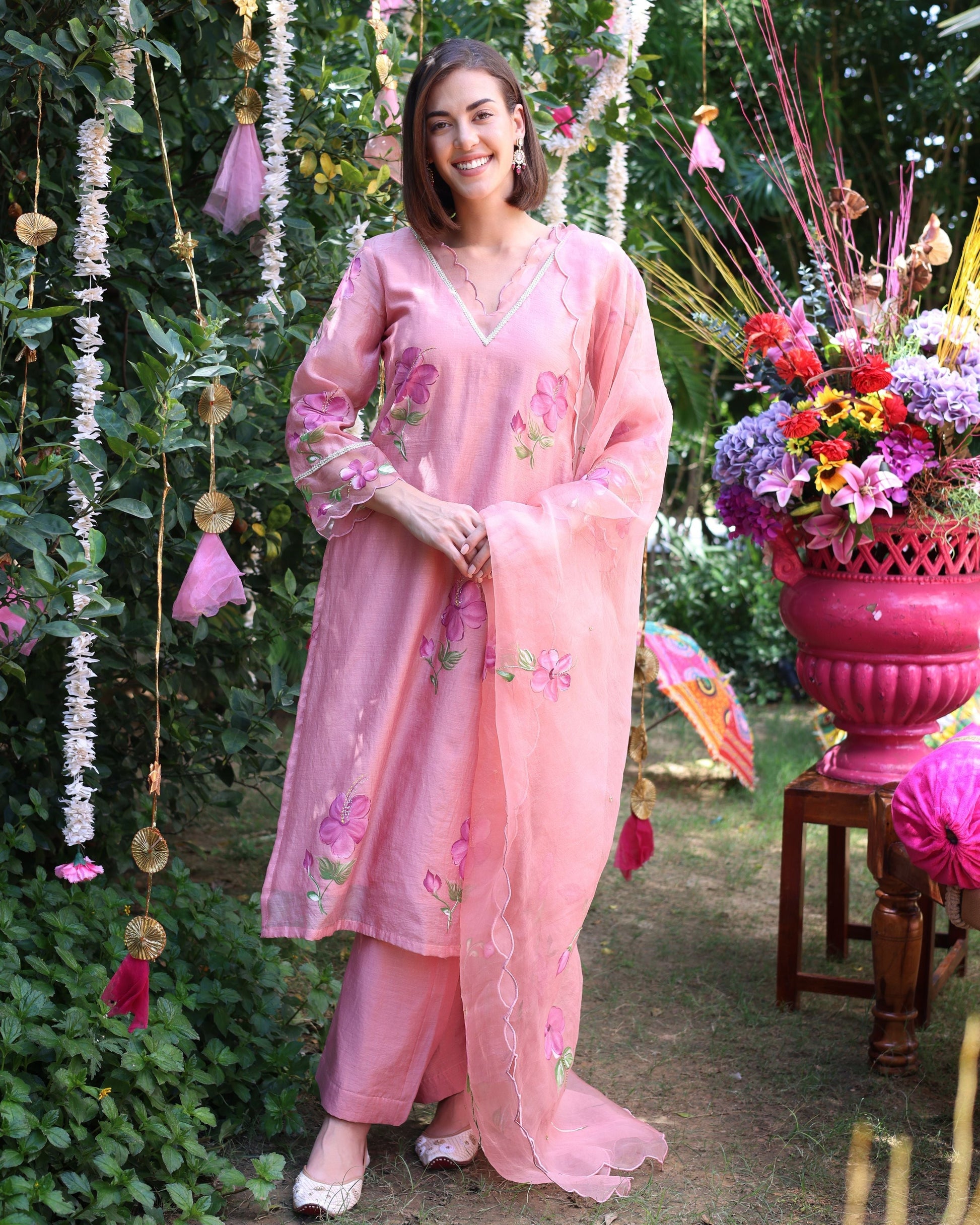 Peach Dream Handpainted Chanderi Suit Set Quick Cart