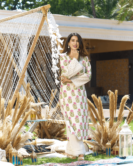 Ravishing Cream Printed Cotton Kurta Set My Store