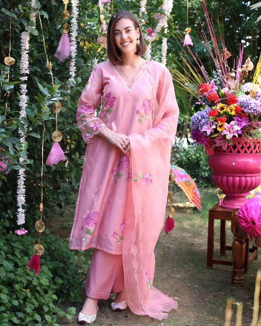 Peach Dream Handpainted Chanderi Suit Set My Store
