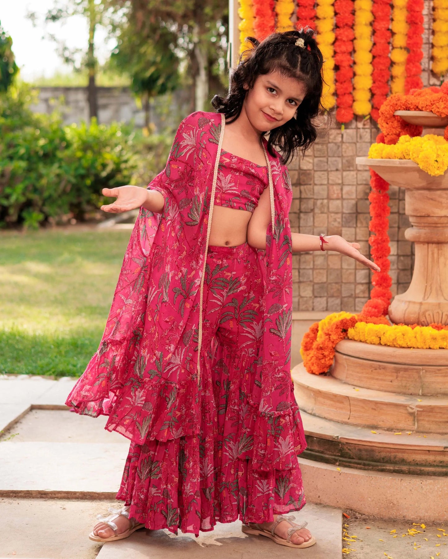 Puddle Petals Pink Georgette Cape Sharara Set My Store