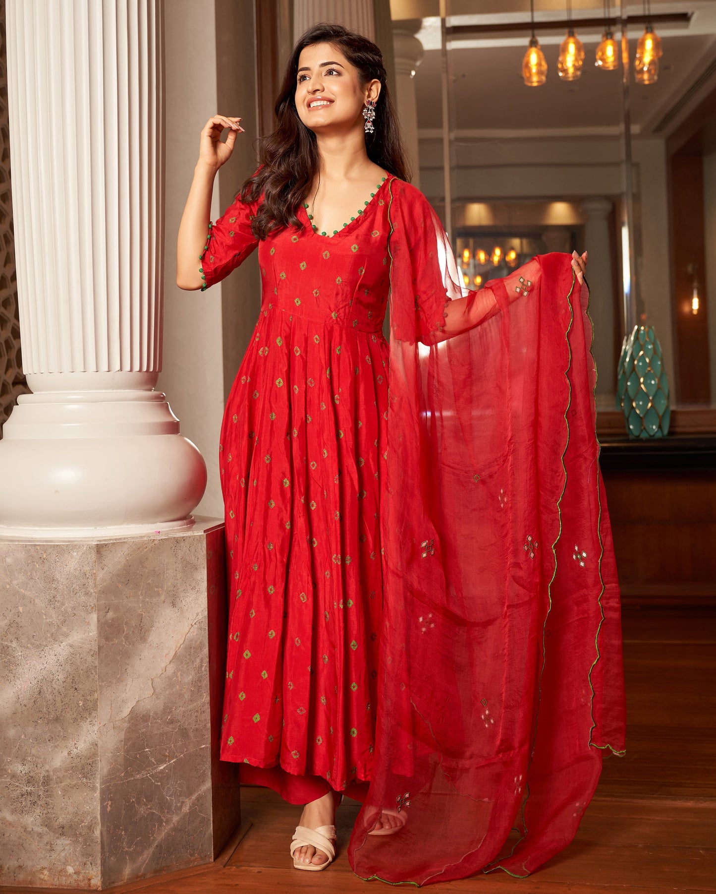 Rasa Red Bandhani Silk Suit Set Quick Cart
