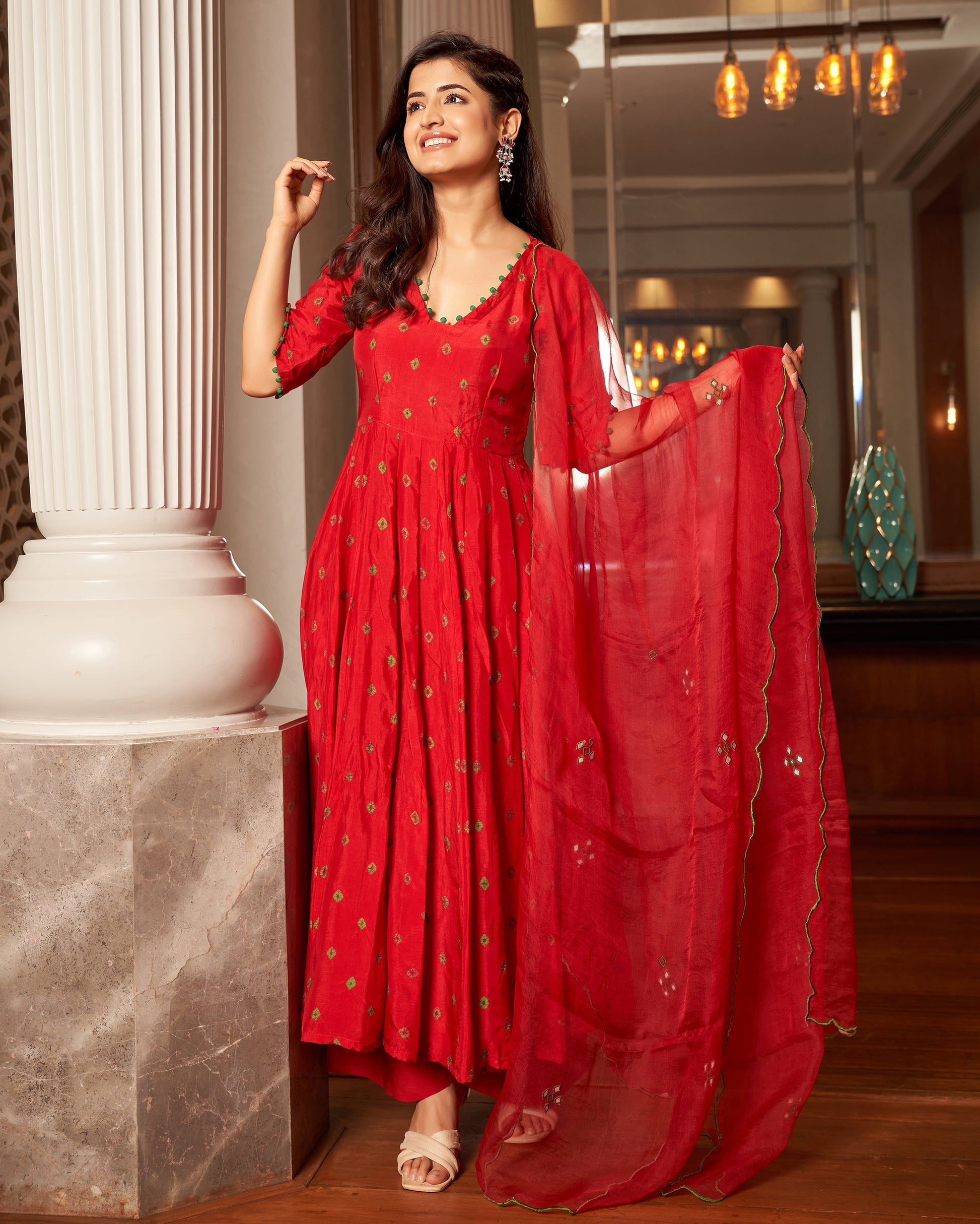Rasa Red Bandhani Silk Suit Set Quick Cart