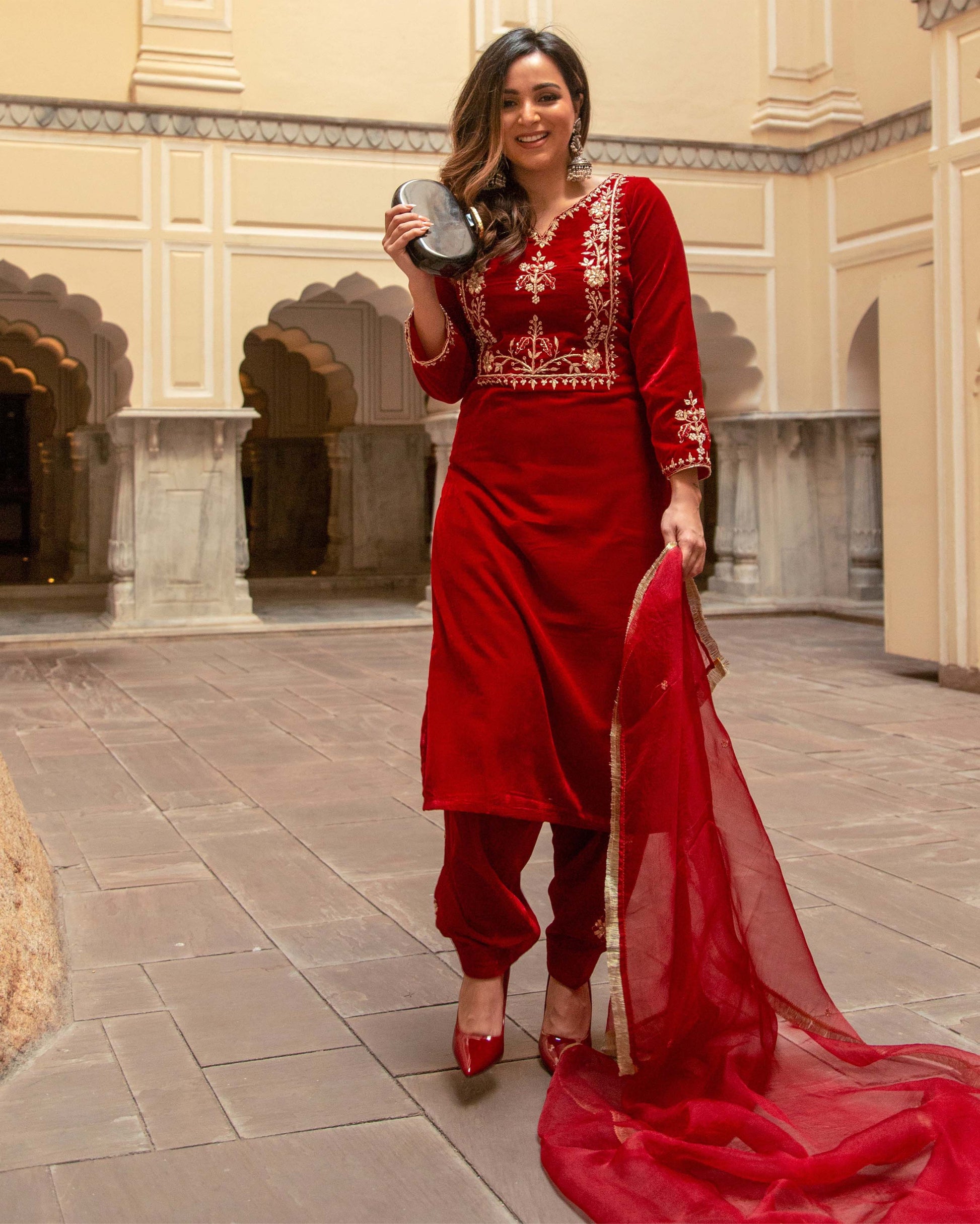 Red Rythm Velvet Handcrafted Suit Set Quick Cart