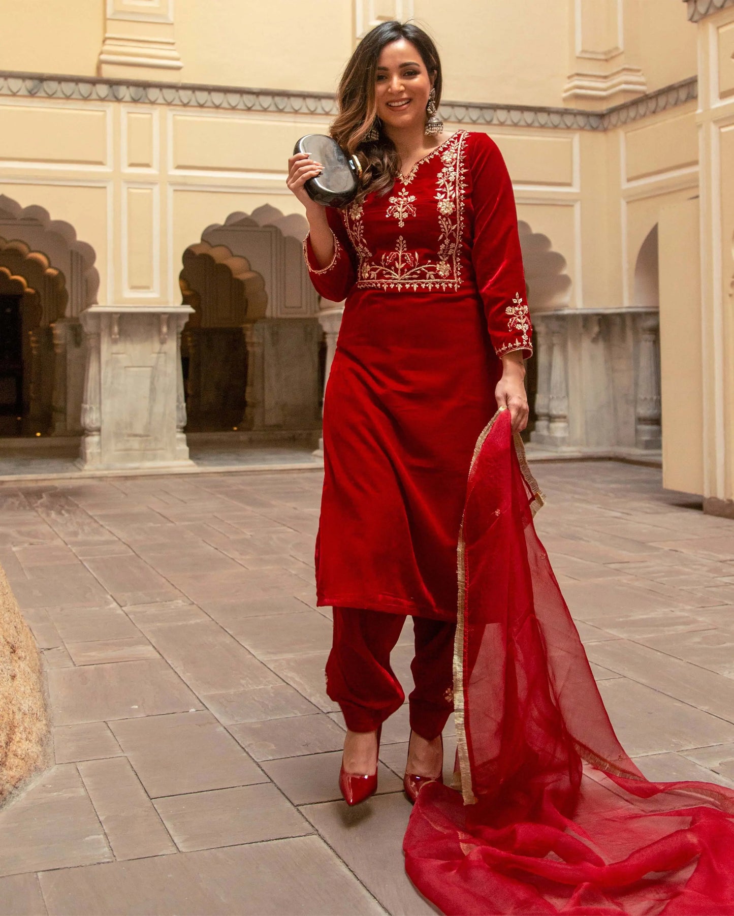 Red Rythm Velvet Handcrafted Suit Set My Store