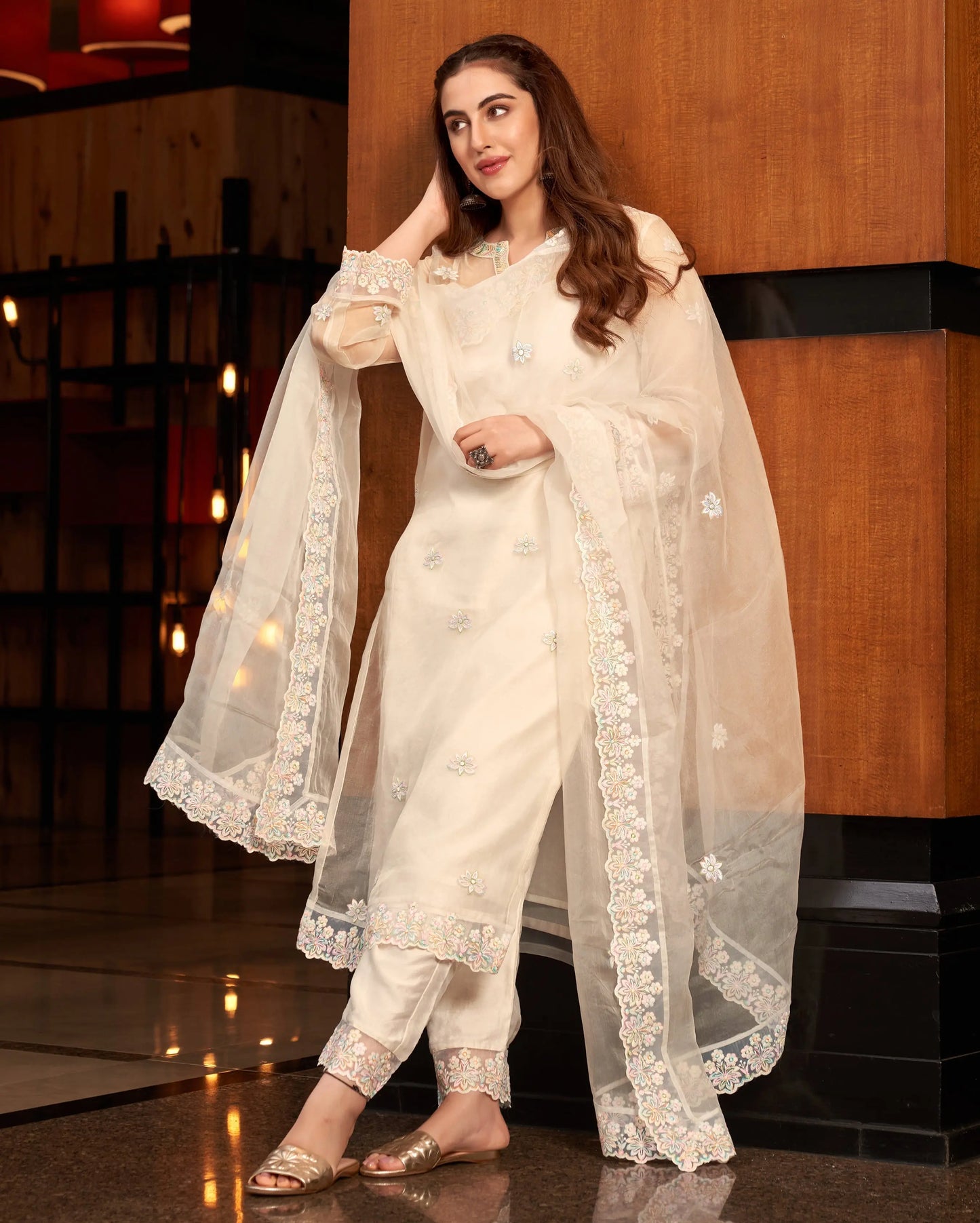 Pratha White Embroidered Organza Suit Set My Store