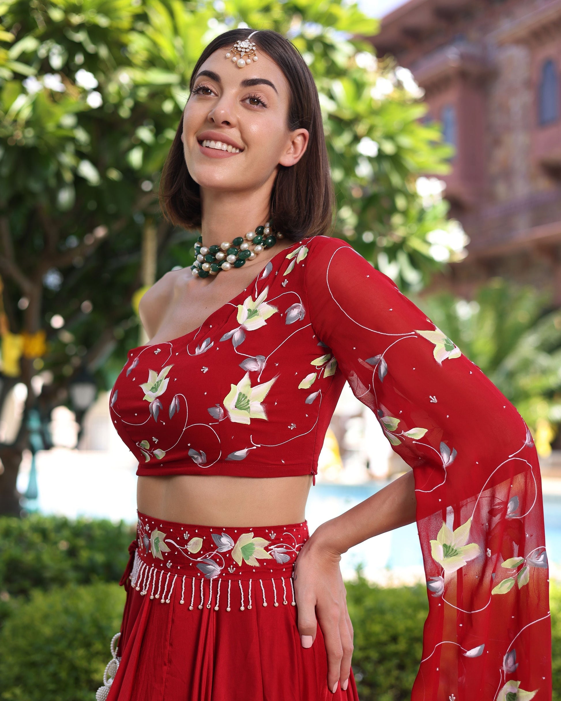 Rutvi Red Handpainted Satin Lehenga Set Quick Cart