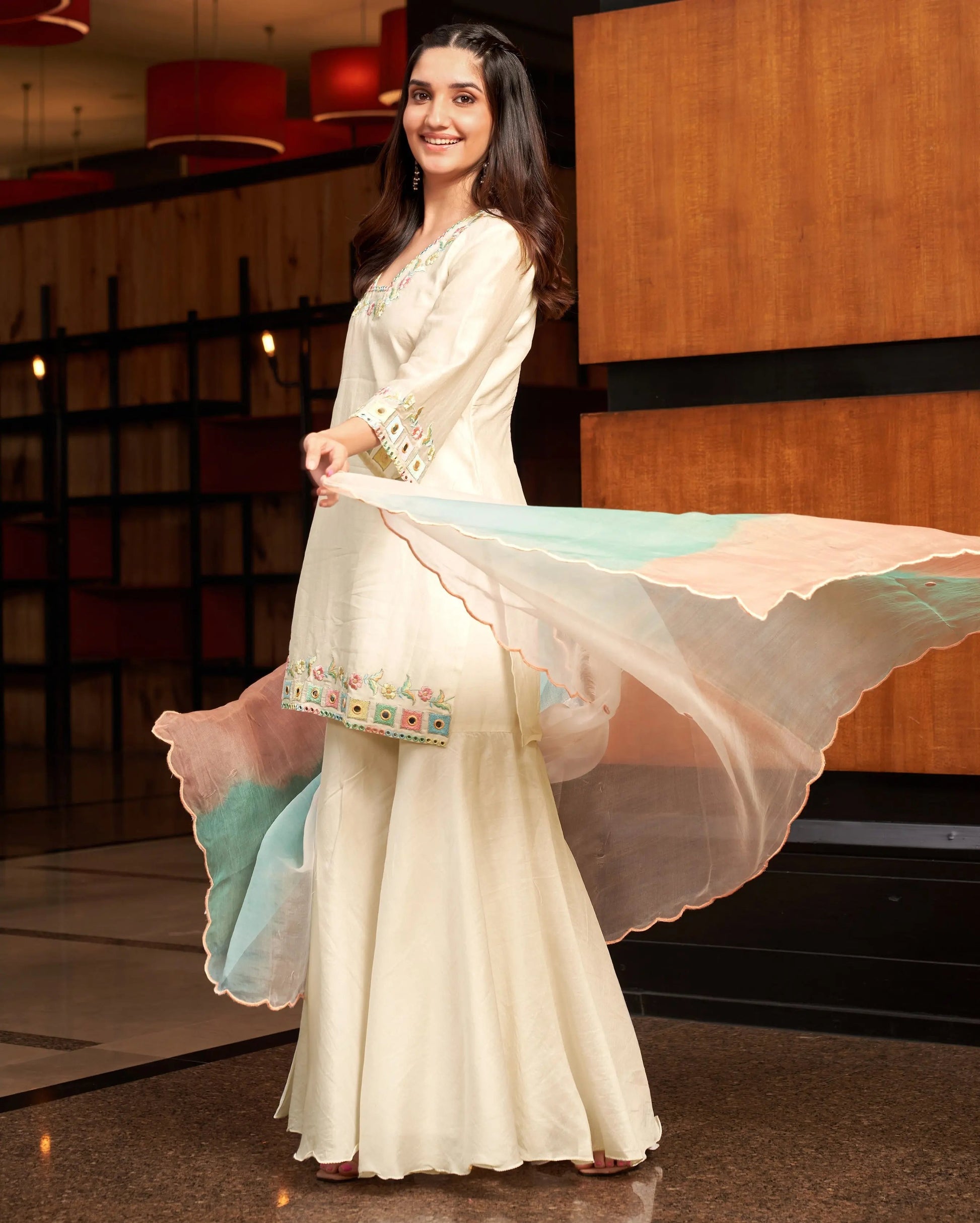 Raas White Embroidered Chanderi Sharara set My Store