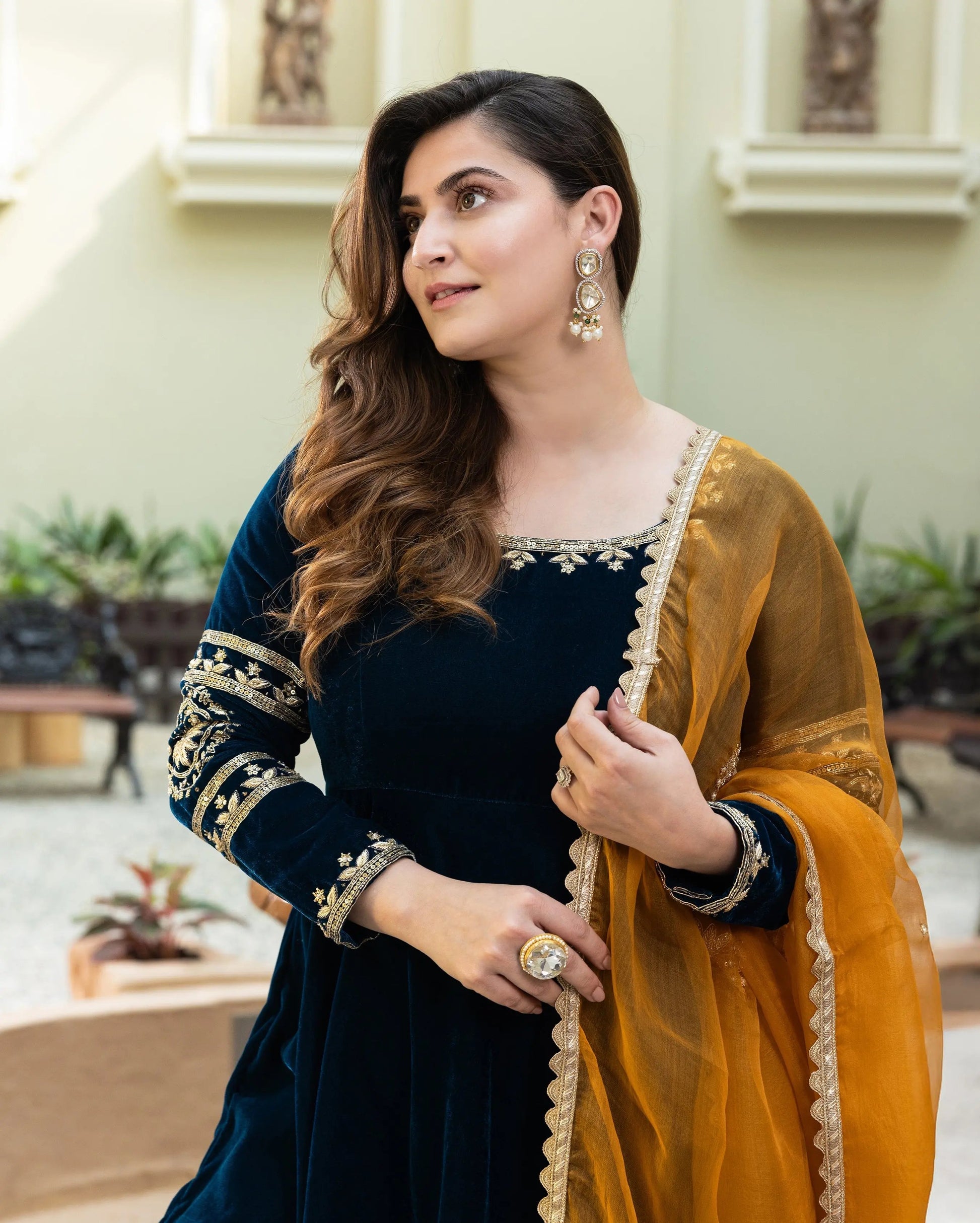 Khizani Teal Blue Embroidered Velvet Suit Set My Store