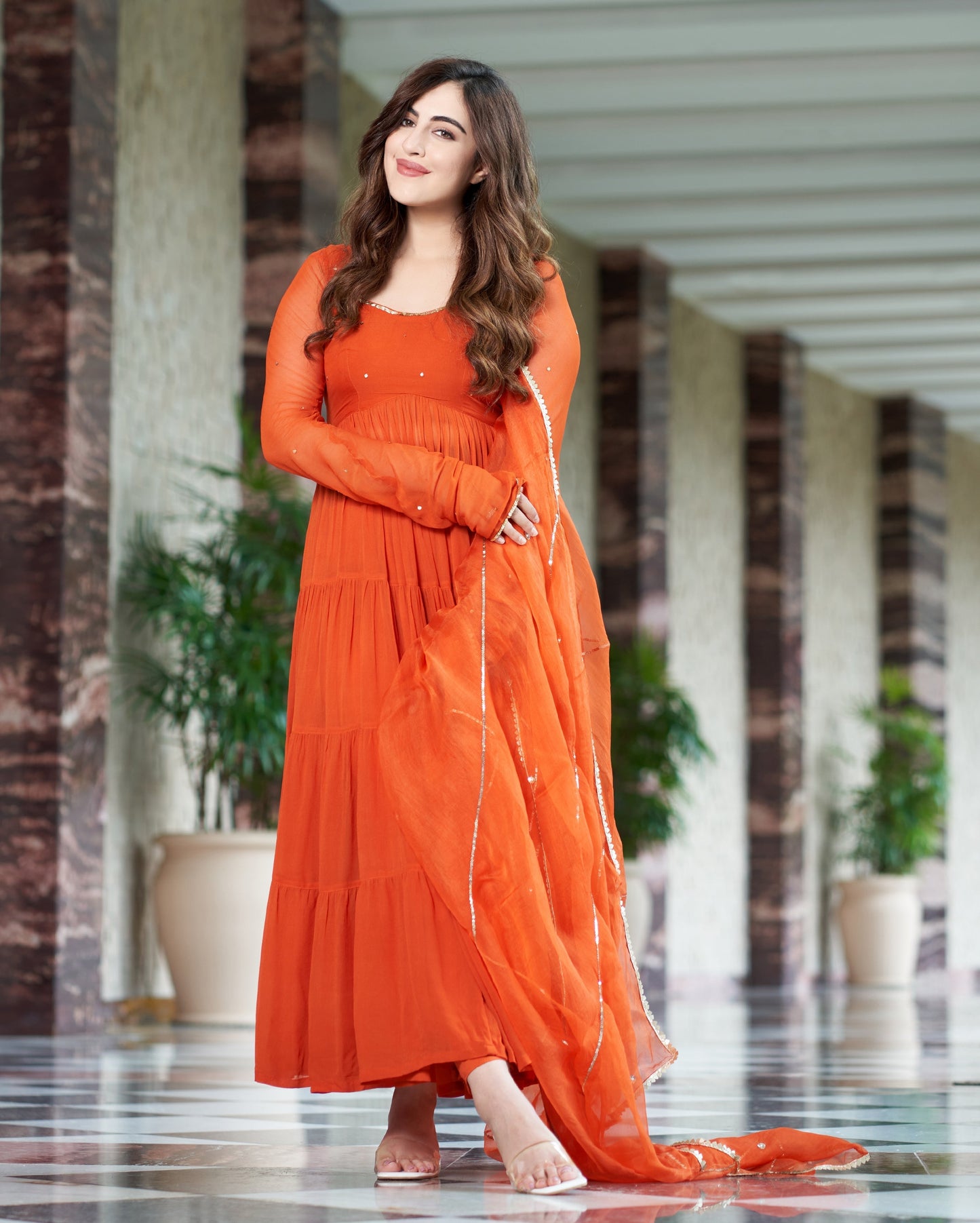 Rachna Orange Embroidered Georgette Suit Set Quick Cart