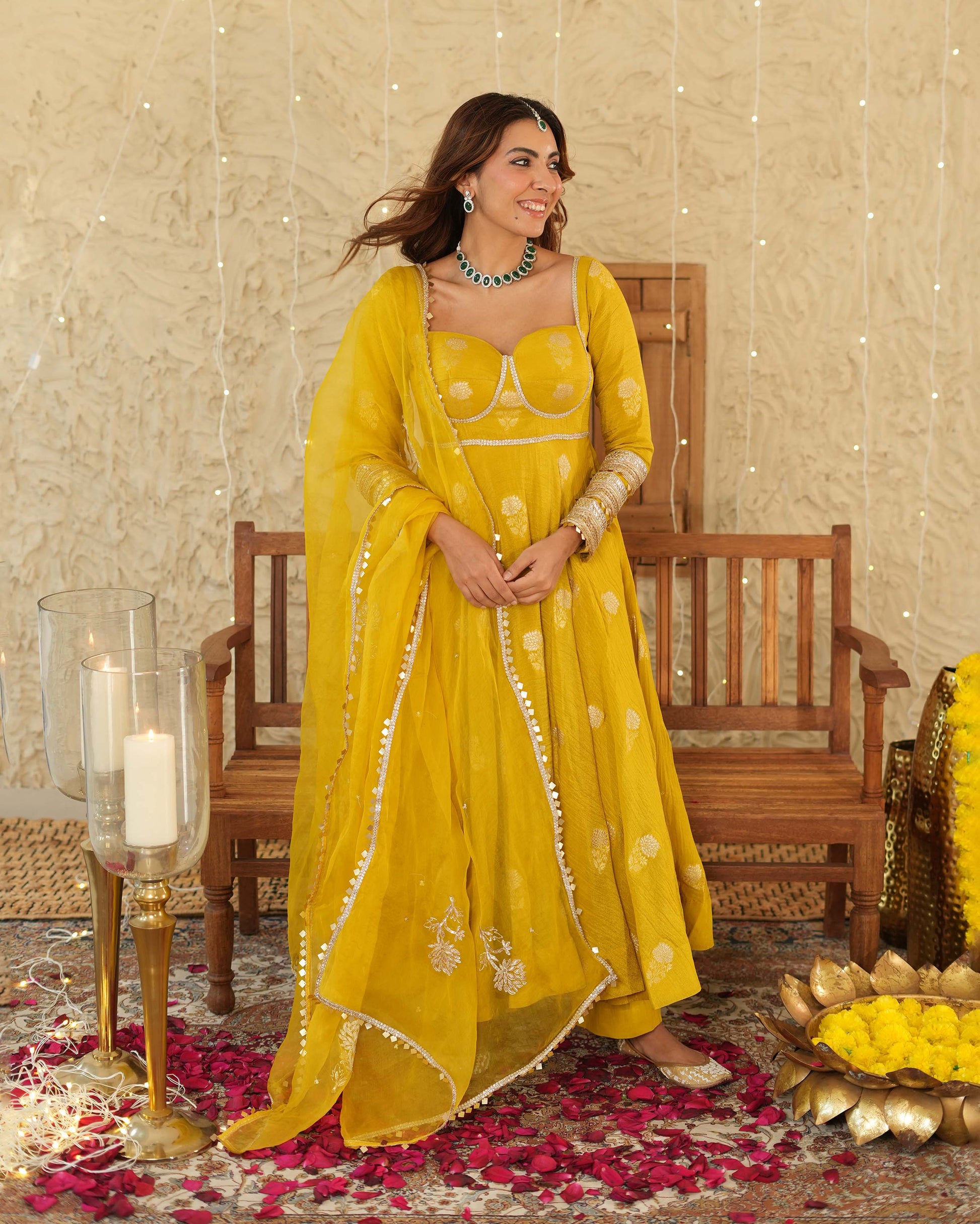 Nikhaar Mustard Jacquard Suit Set Quick Cart
