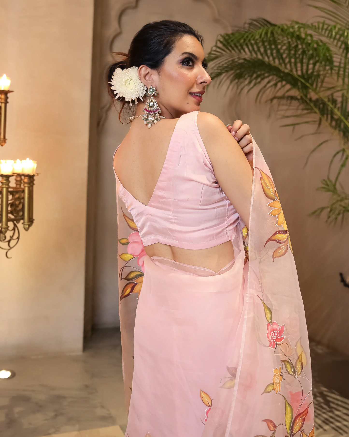 Peach Aura Embellished Handpainted Organza Silk Saree My Store