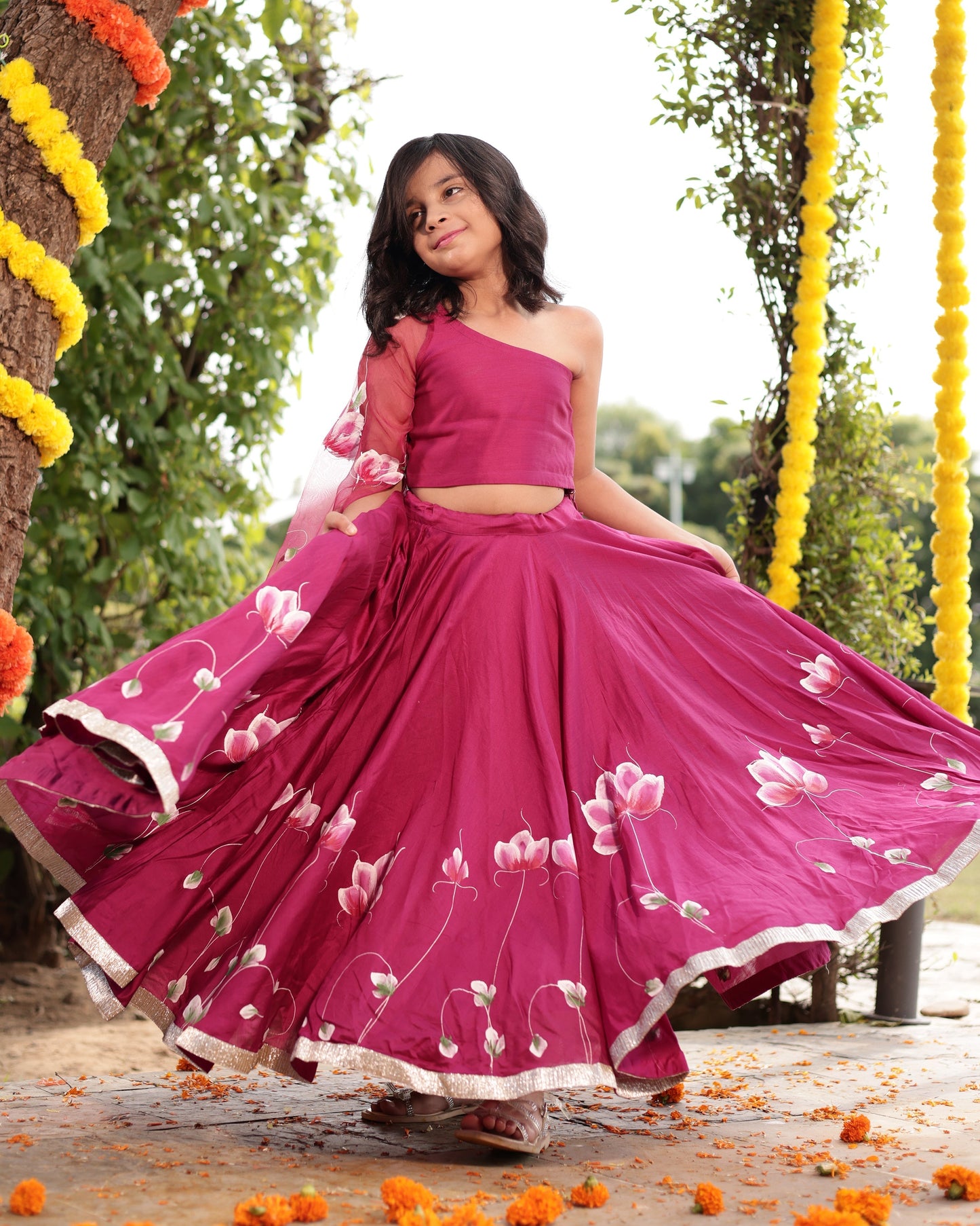 Giggle Magenta Handpainted Chanderi Lehenga Set My Store