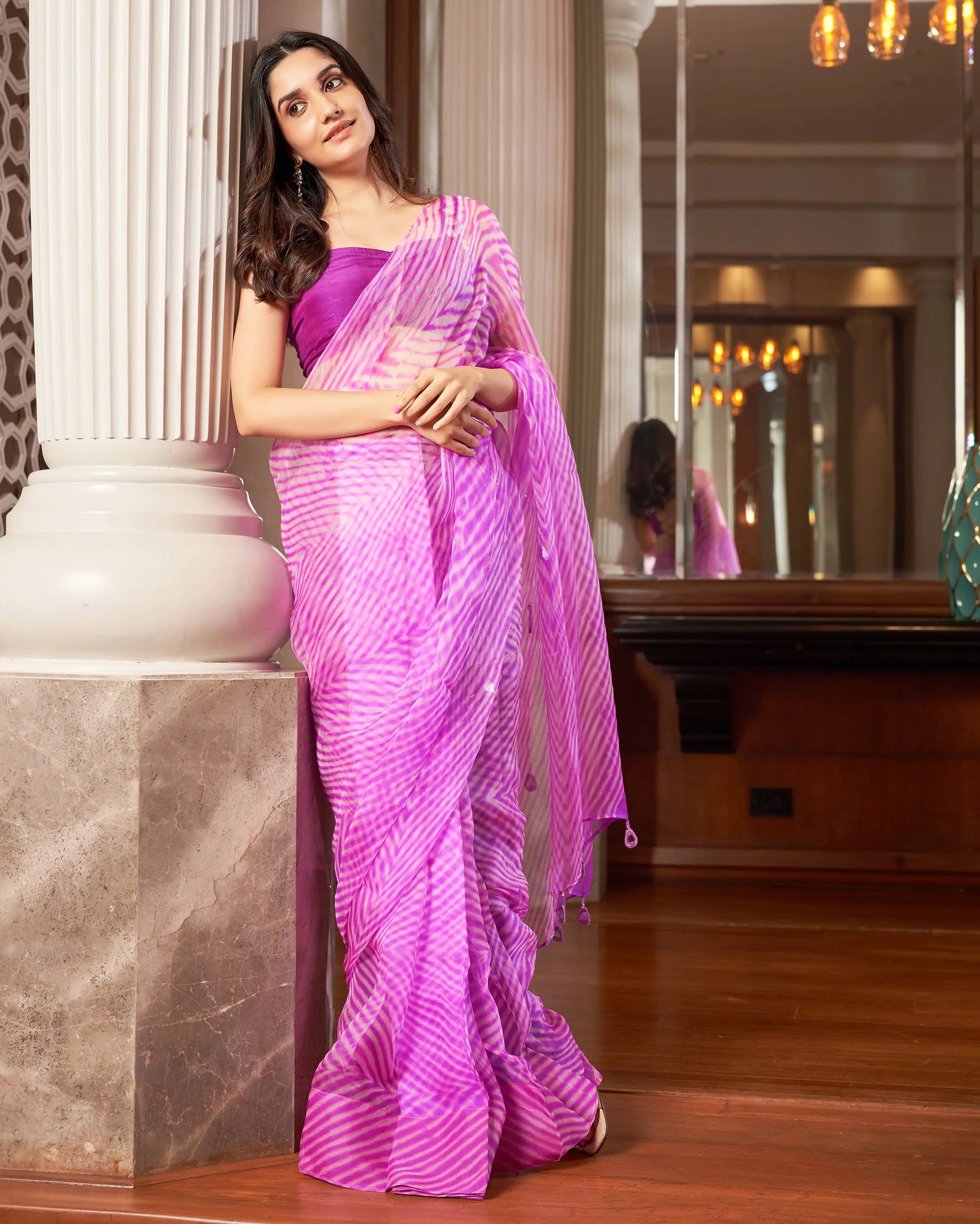 Varaha Purple Leheriya Organza Pre Draped Saree My Store