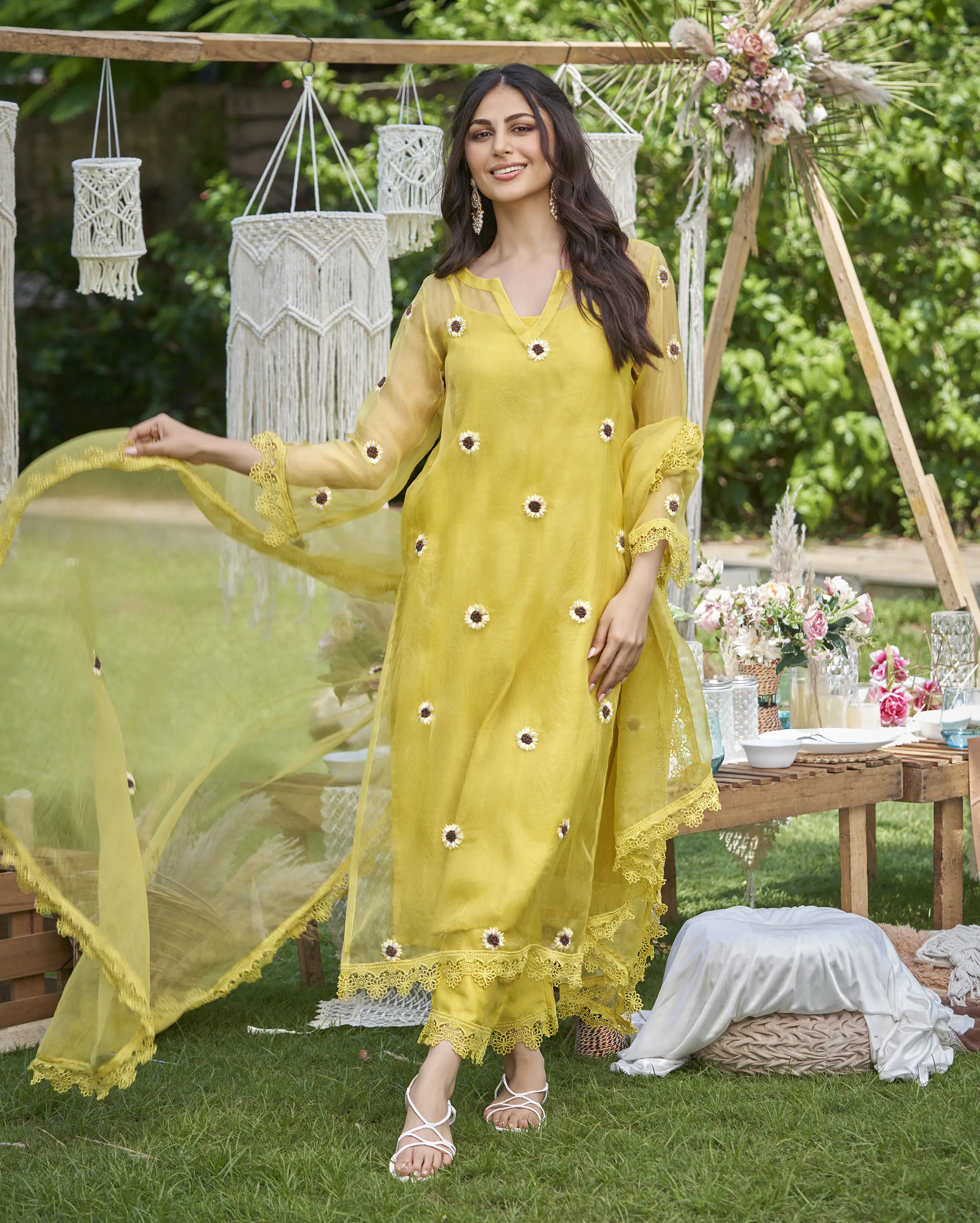 Murat Yellow Embroidered Organza Kurta Set My Store