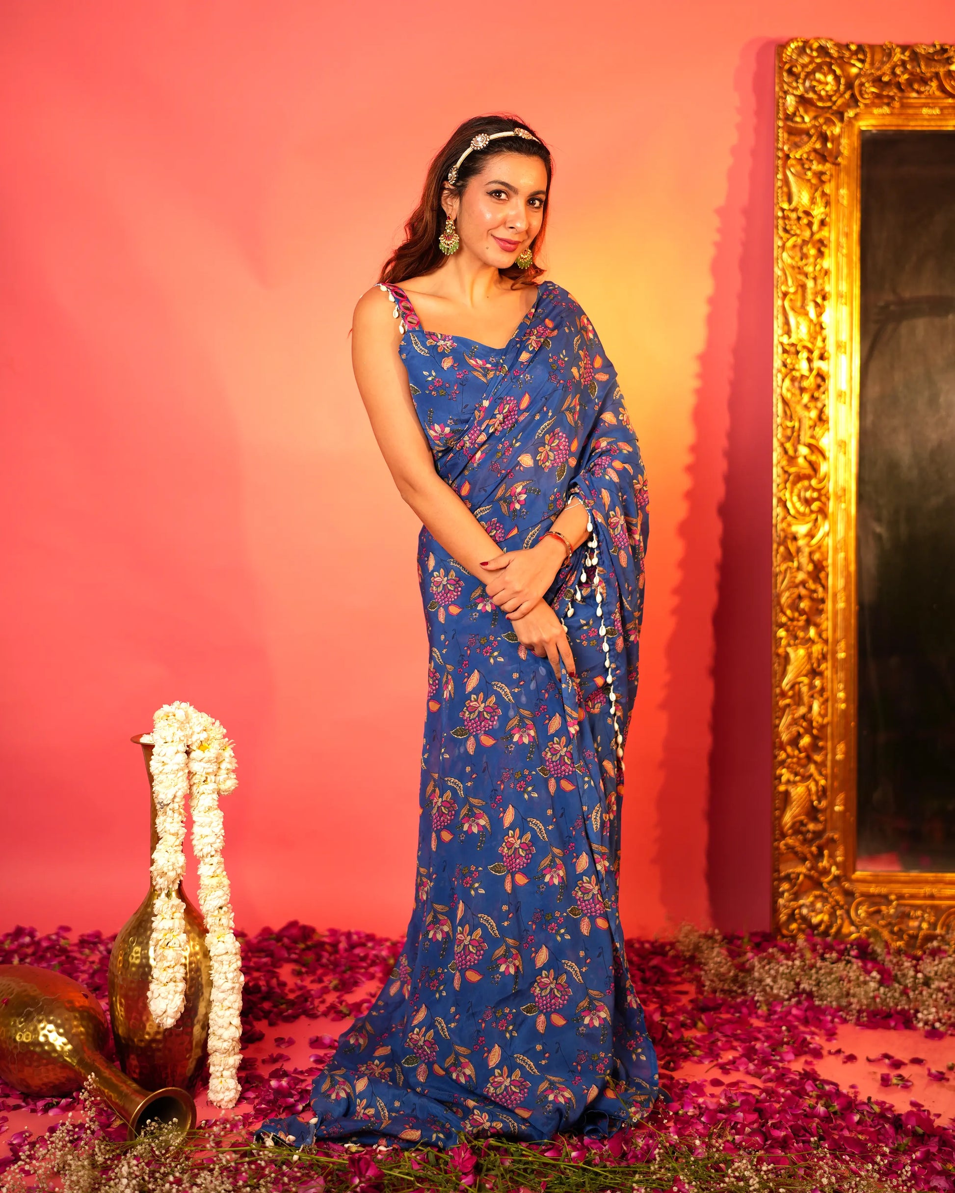 Shruti Blue Printed Chinon Pre-draped Saree My Store