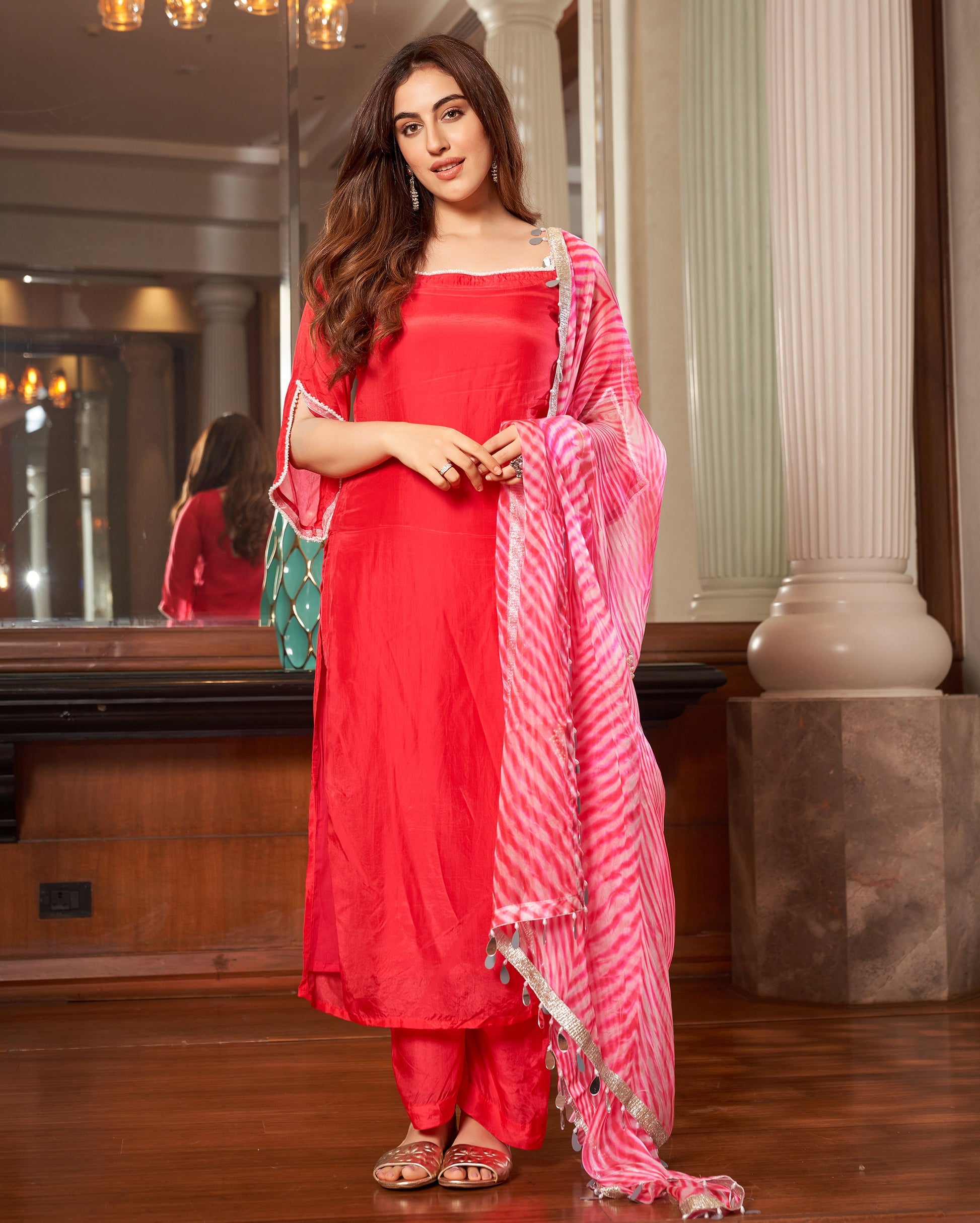 Krushi Pink Leheriya Silk Suit Set Quick Cart