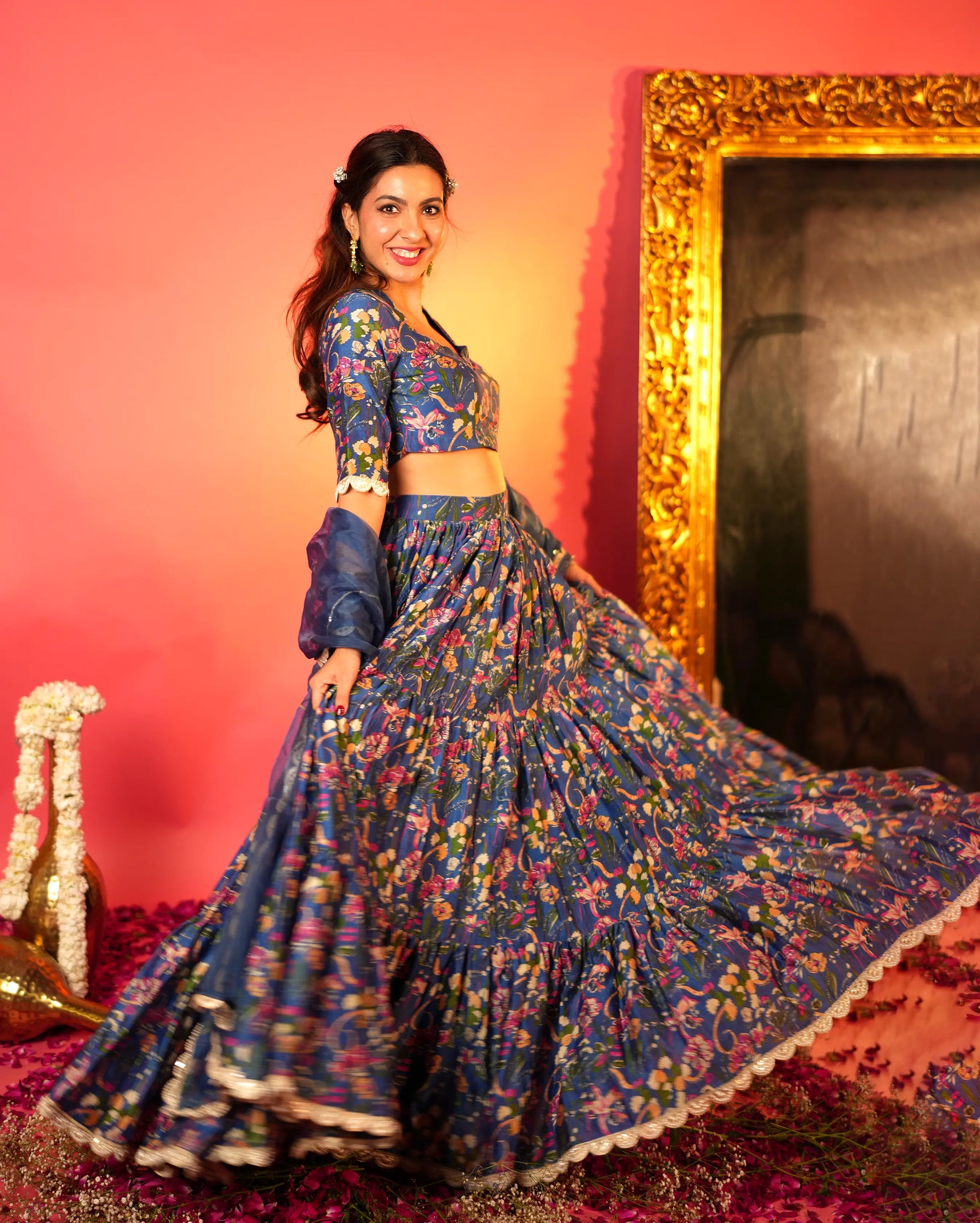 Neelam Blue Printed Chanderi Lehenga Set My Store