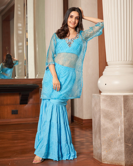 Tijori Light Blue Leheriya Organza Sharara Set Quick Cart