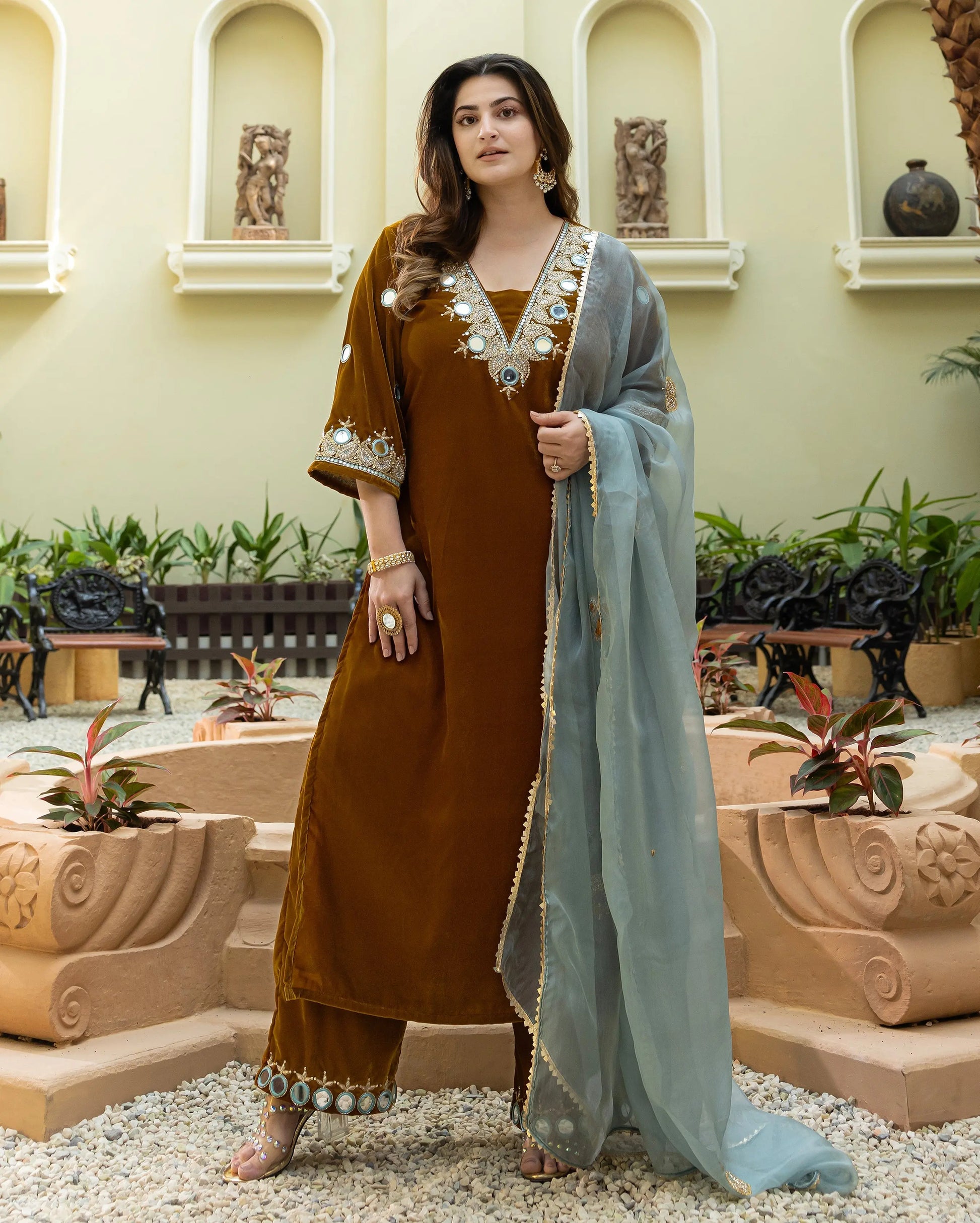 Khardali Mustard Embroidered Velvet Suit Set My Store