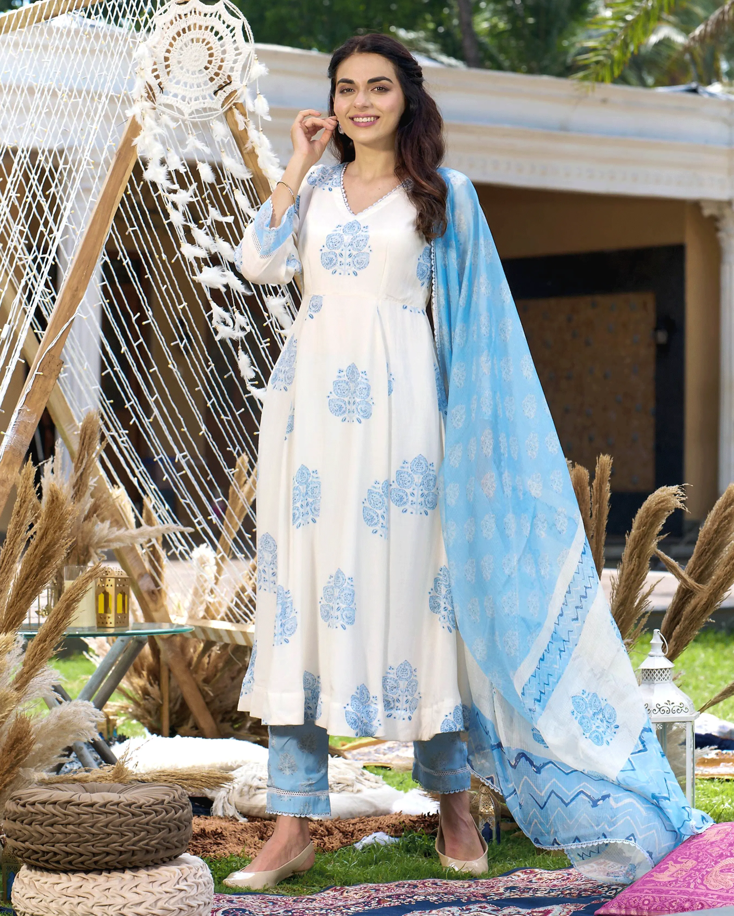 Rudra White Printed Silk Suit Set My Store