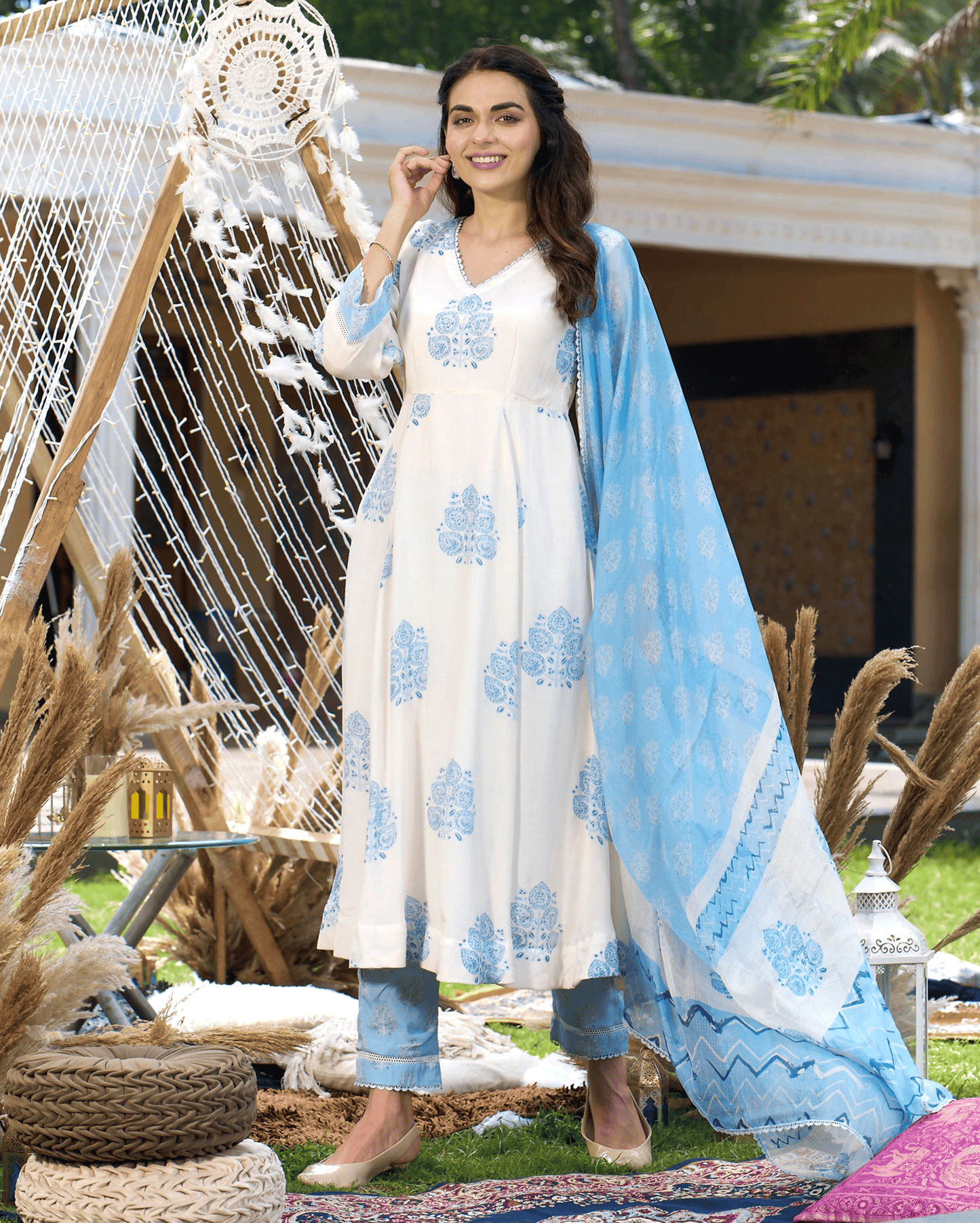 Rudra White Printed Silk Suit Set My Store