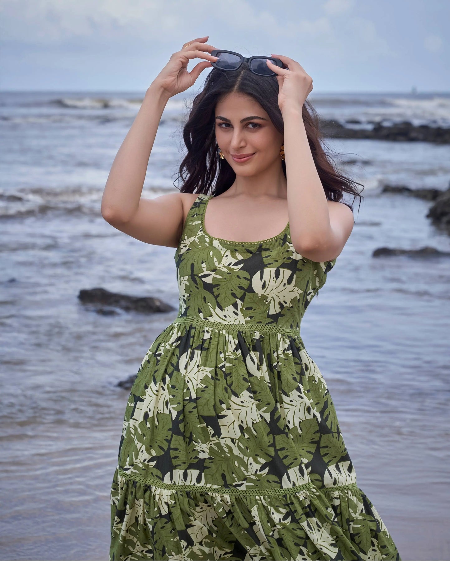 Tropical Dark Green Printed Cotton Dress My Store